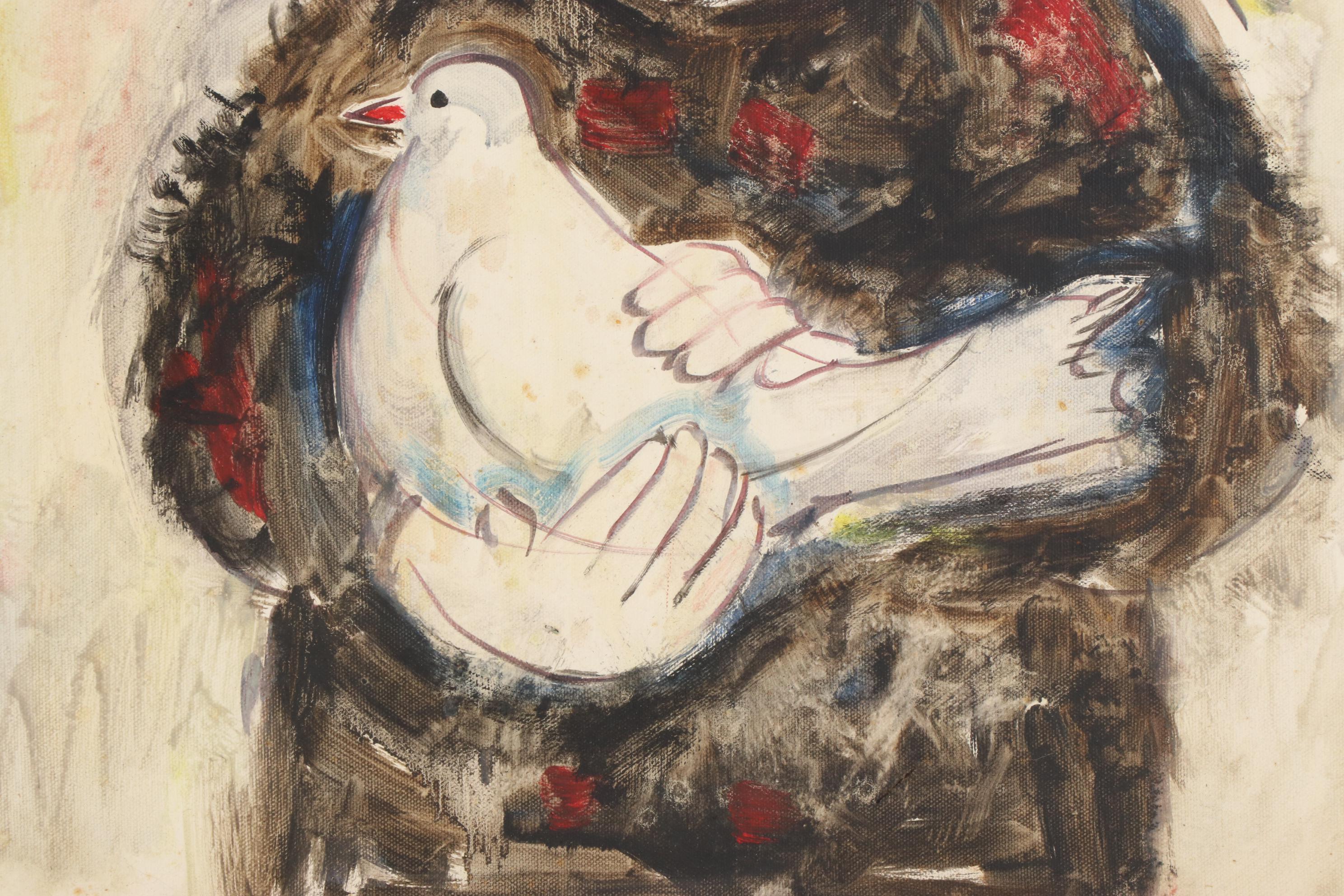 Ozz França Oil Painting of Clown Holding Dove, Mid to Late 20th Century