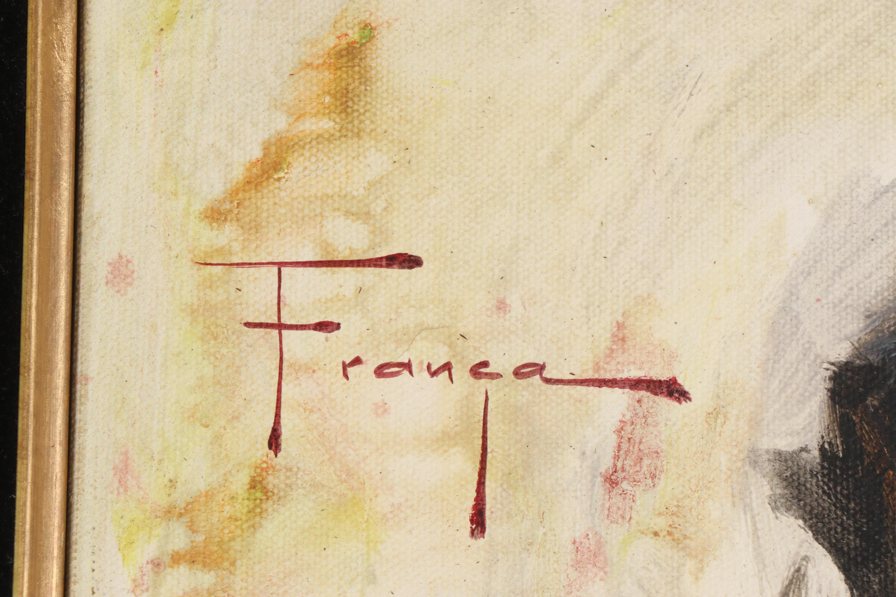 Ozz França Oil Painting of Clown Holding Dove, Mid to Late 20th Century