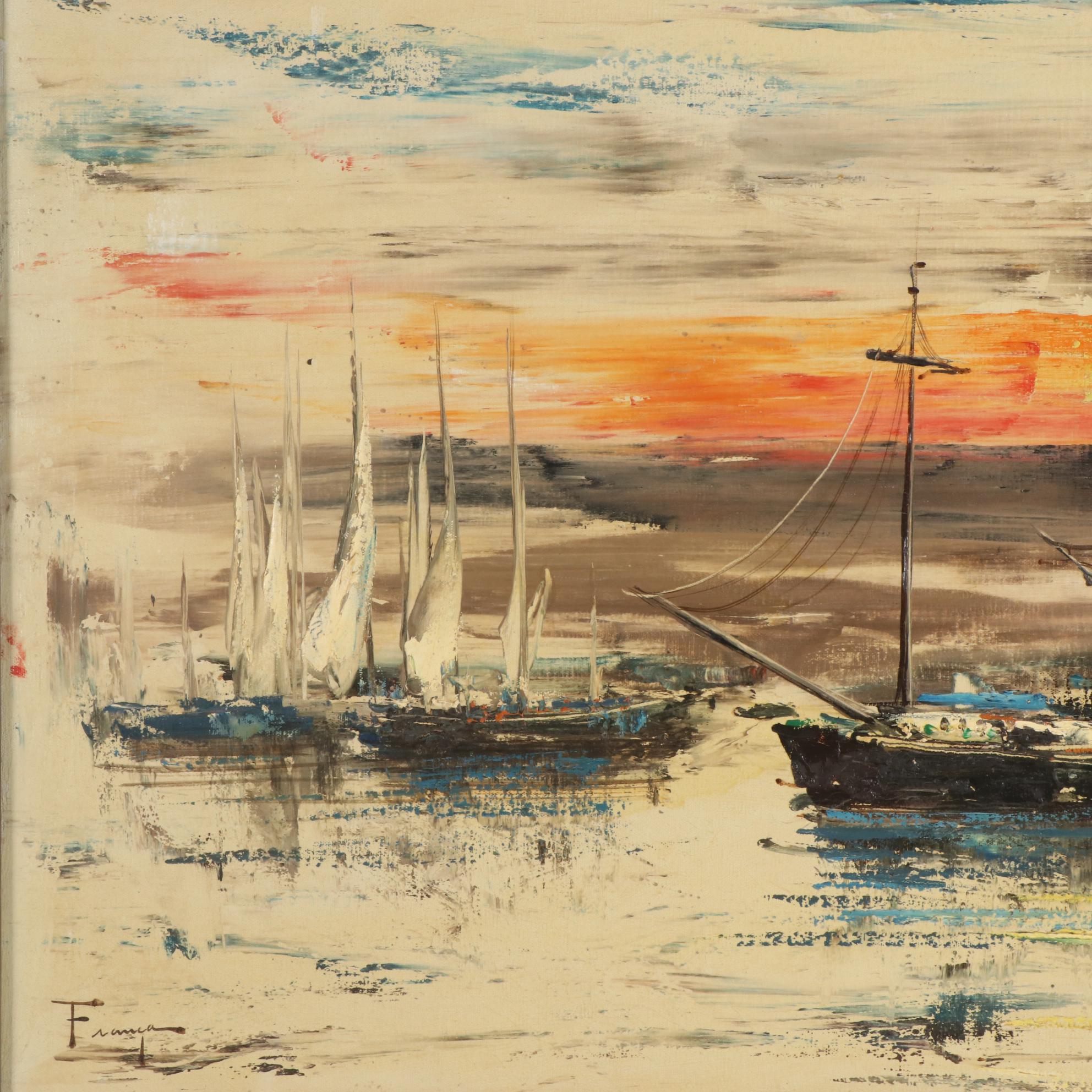 Ozz França Impasto Oil Painting "Harbor," Mid-20th Century