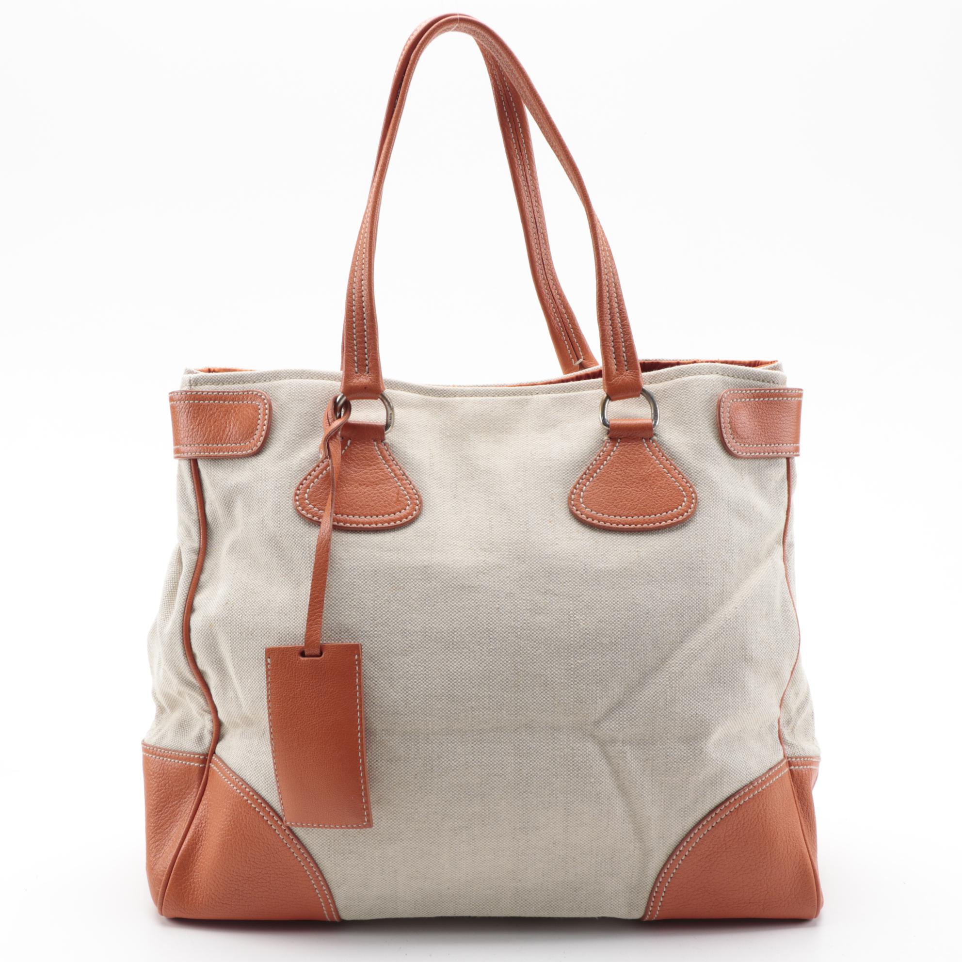 Prada Canvas Tote with Orange Grained Leather Trim