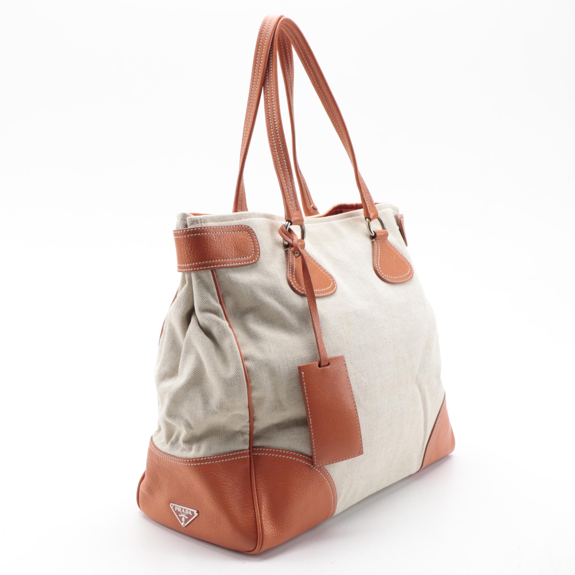 Prada Canvas Tote with Orange Grained Leather Trim