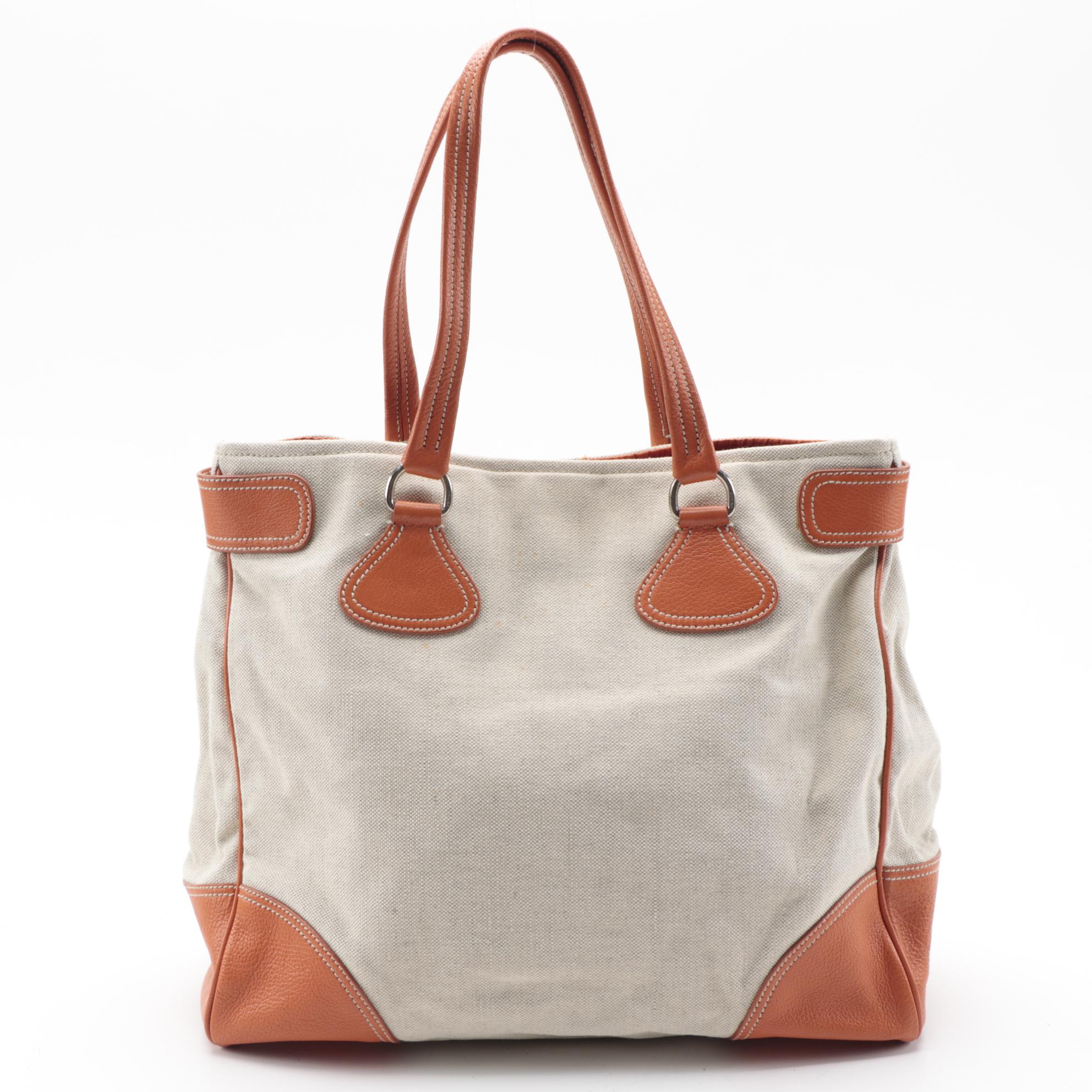 Prada Canvas Tote with Orange Grained Leather Trim
