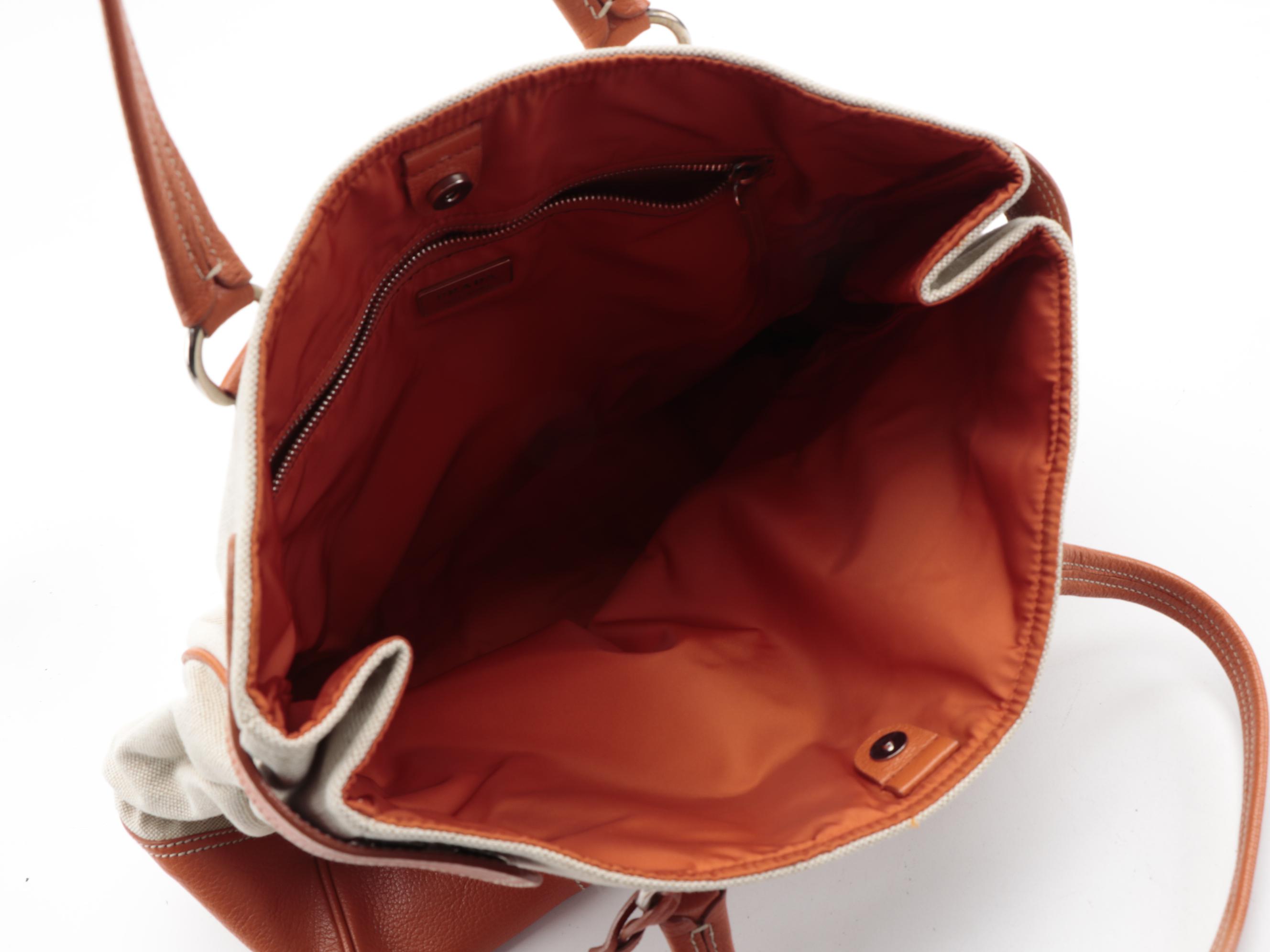 Prada Canvas Tote with Orange Grained Leather Trim