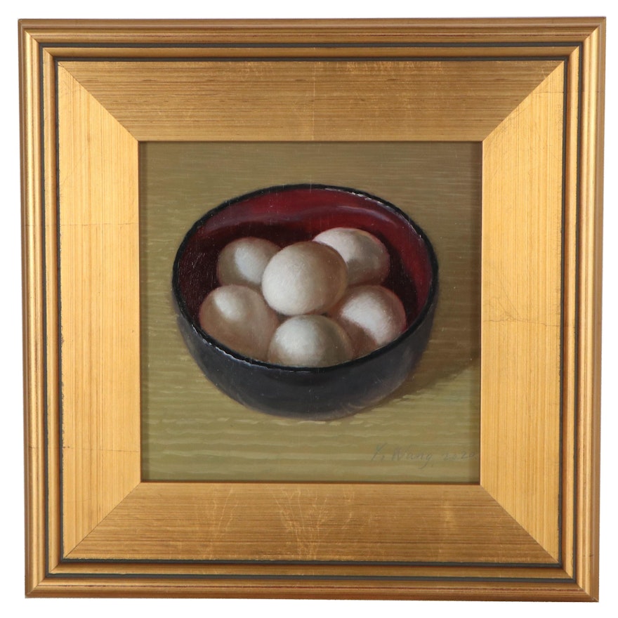 Y. Wang Still Life Oil Painting of Eggs in Bowl, 2020