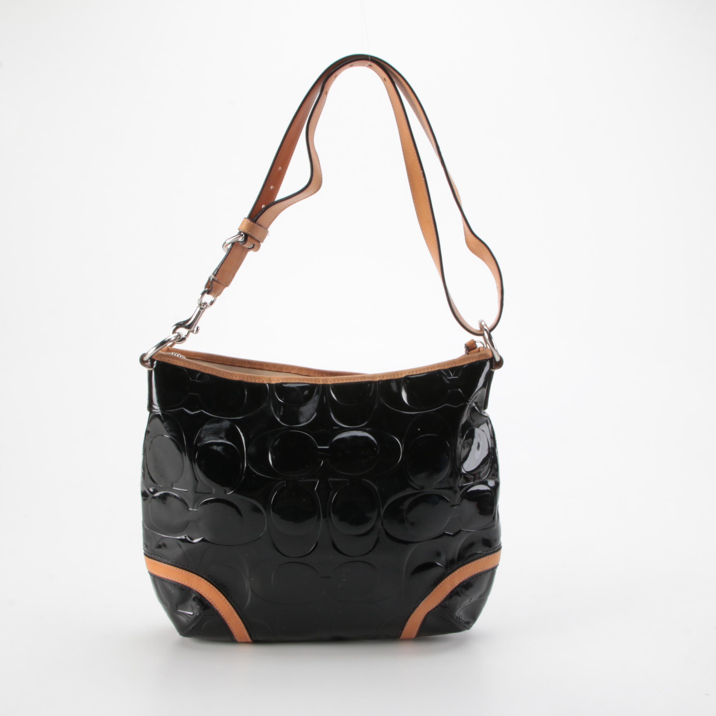 Coach Peyton Embossed Black Patent Leather Hobo Bag with Tan Leather Trim