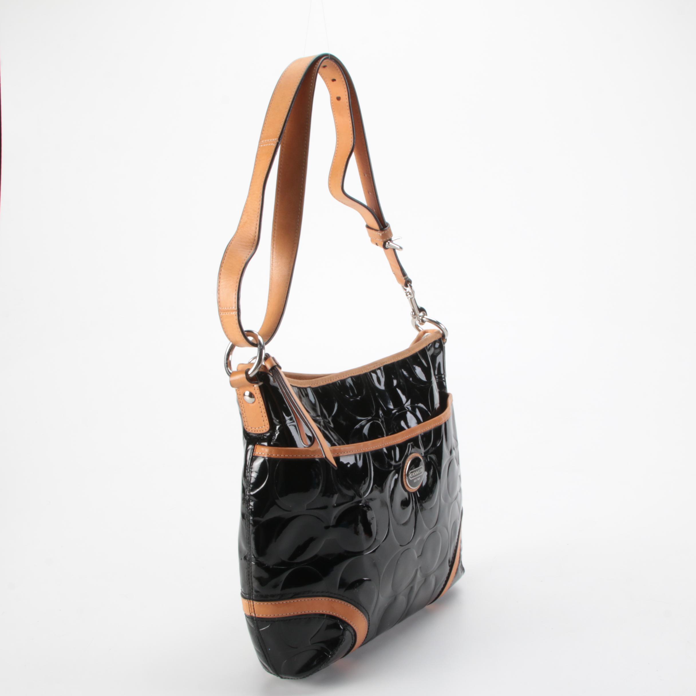 Coach Peyton Embossed Black Patent Leather Hobo Bag with Tan Leather Trim