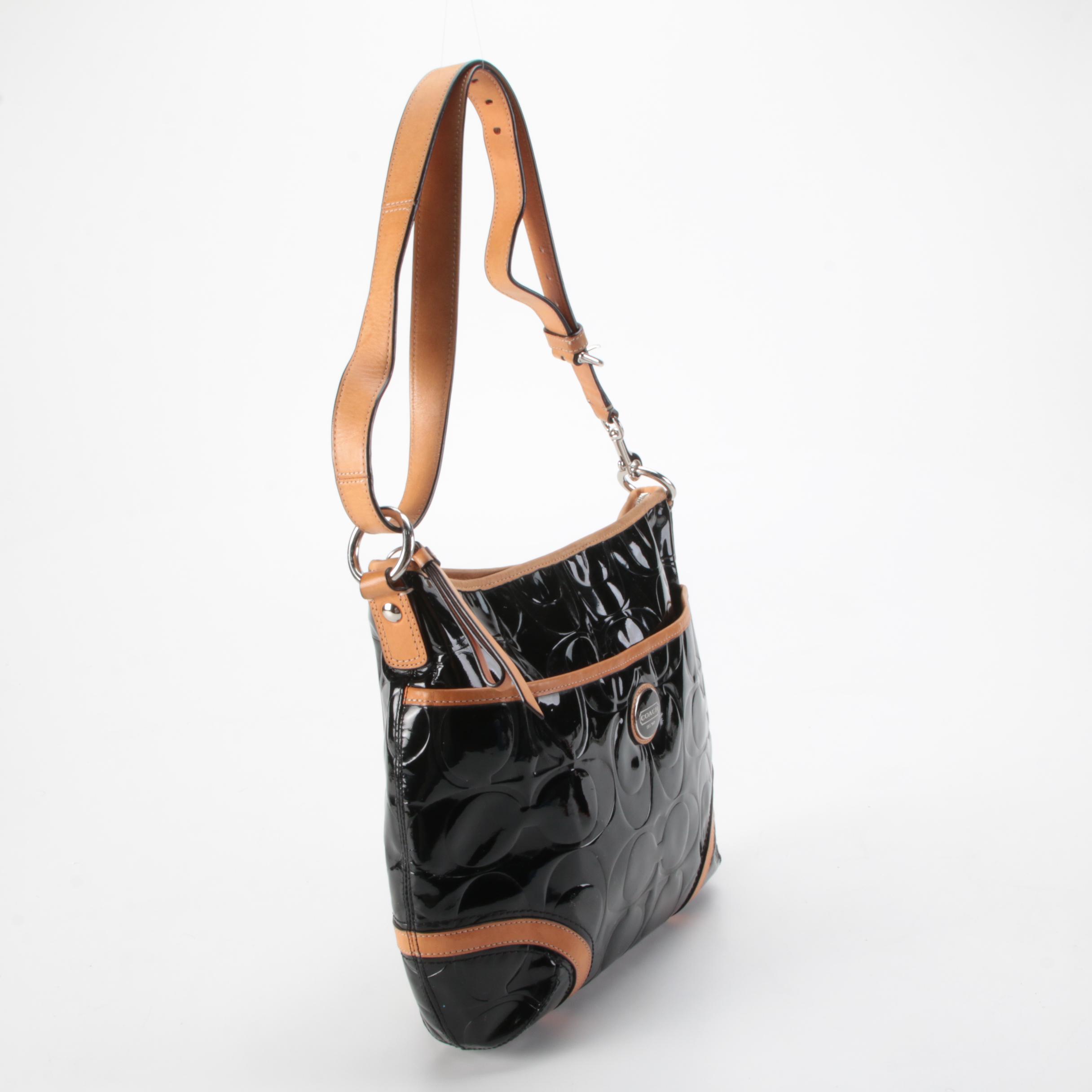 Coach Peyton Embossed Black Patent Leather Hobo Bag with Tan Leather Trim