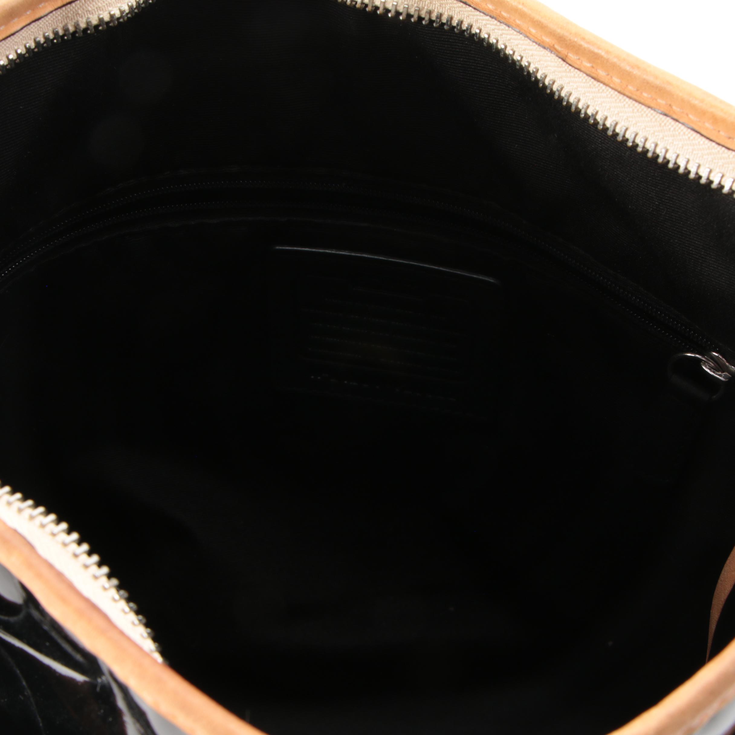 Coach Peyton Embossed Black Patent Leather Hobo Bag with Tan Leather Trim