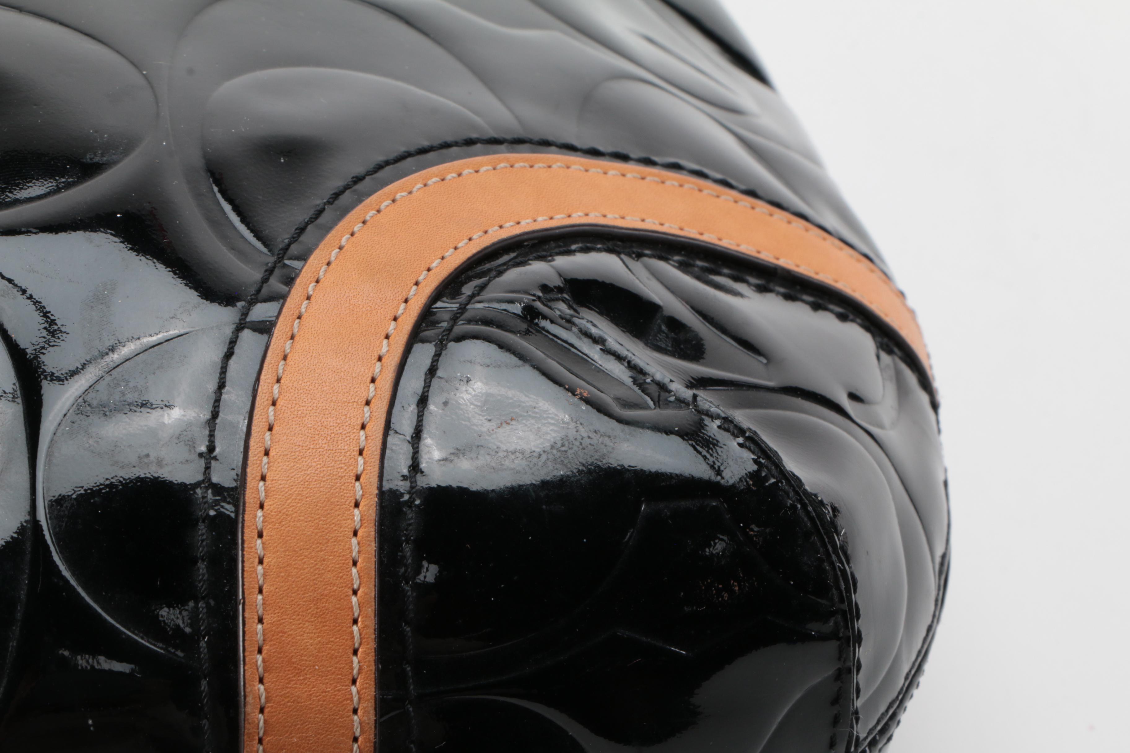 Coach Peyton Embossed Black Patent Leather Hobo Bag with Tan Leather Trim