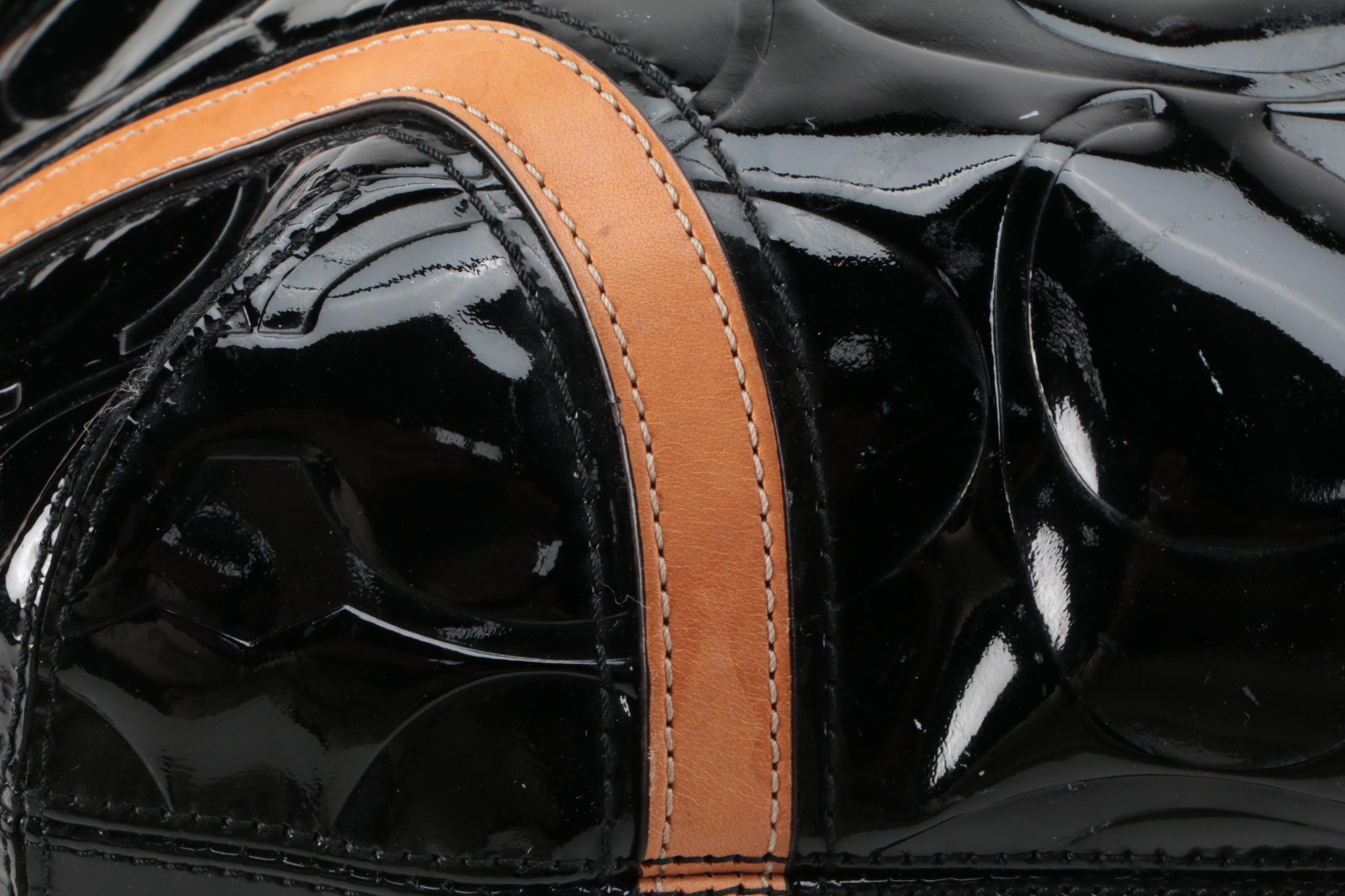 Coach Peyton Embossed Black Patent Leather Hobo Bag with Tan Leather Trim