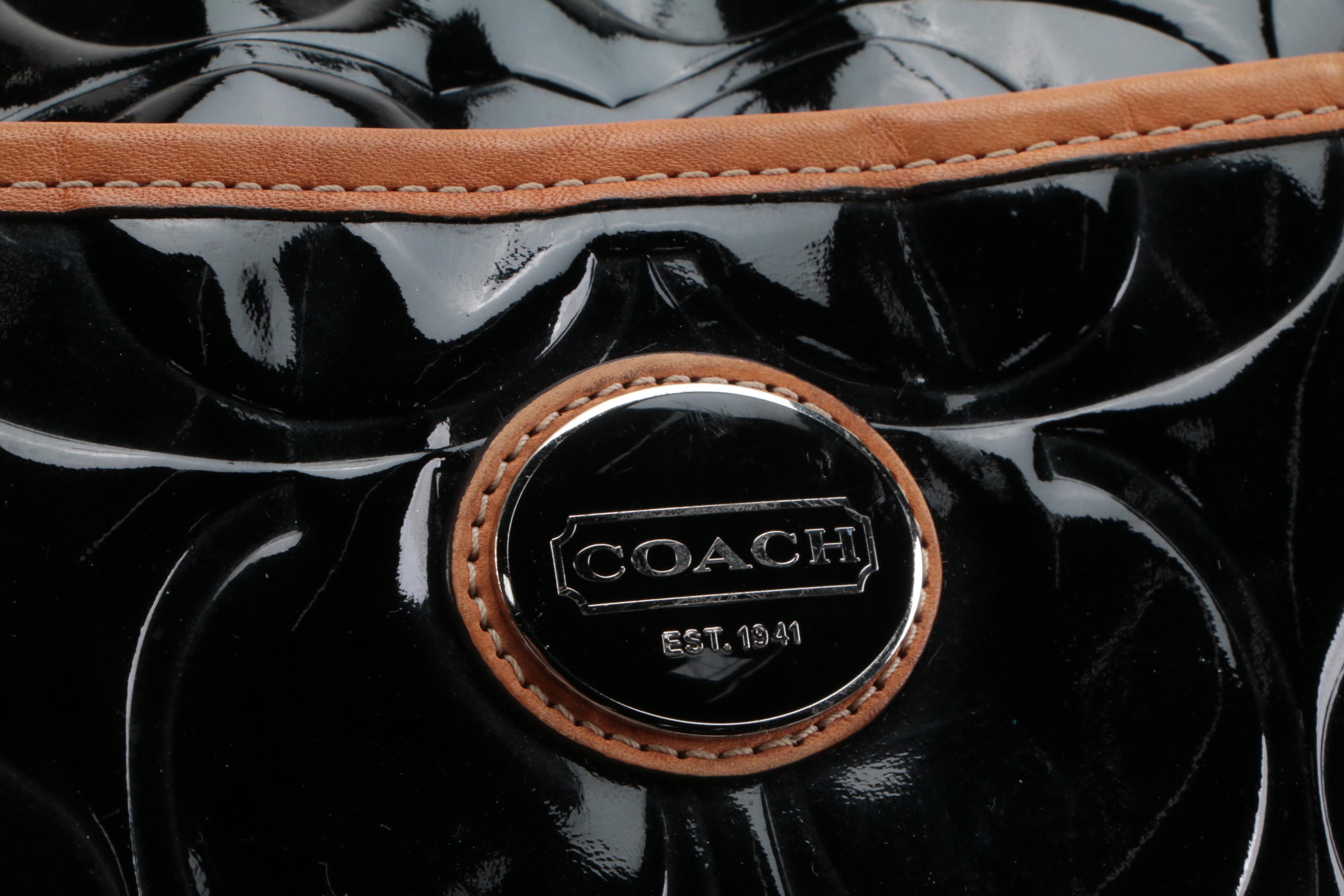 Coach Peyton Embossed Black Patent Leather Hobo Bag with Tan Leather Trim