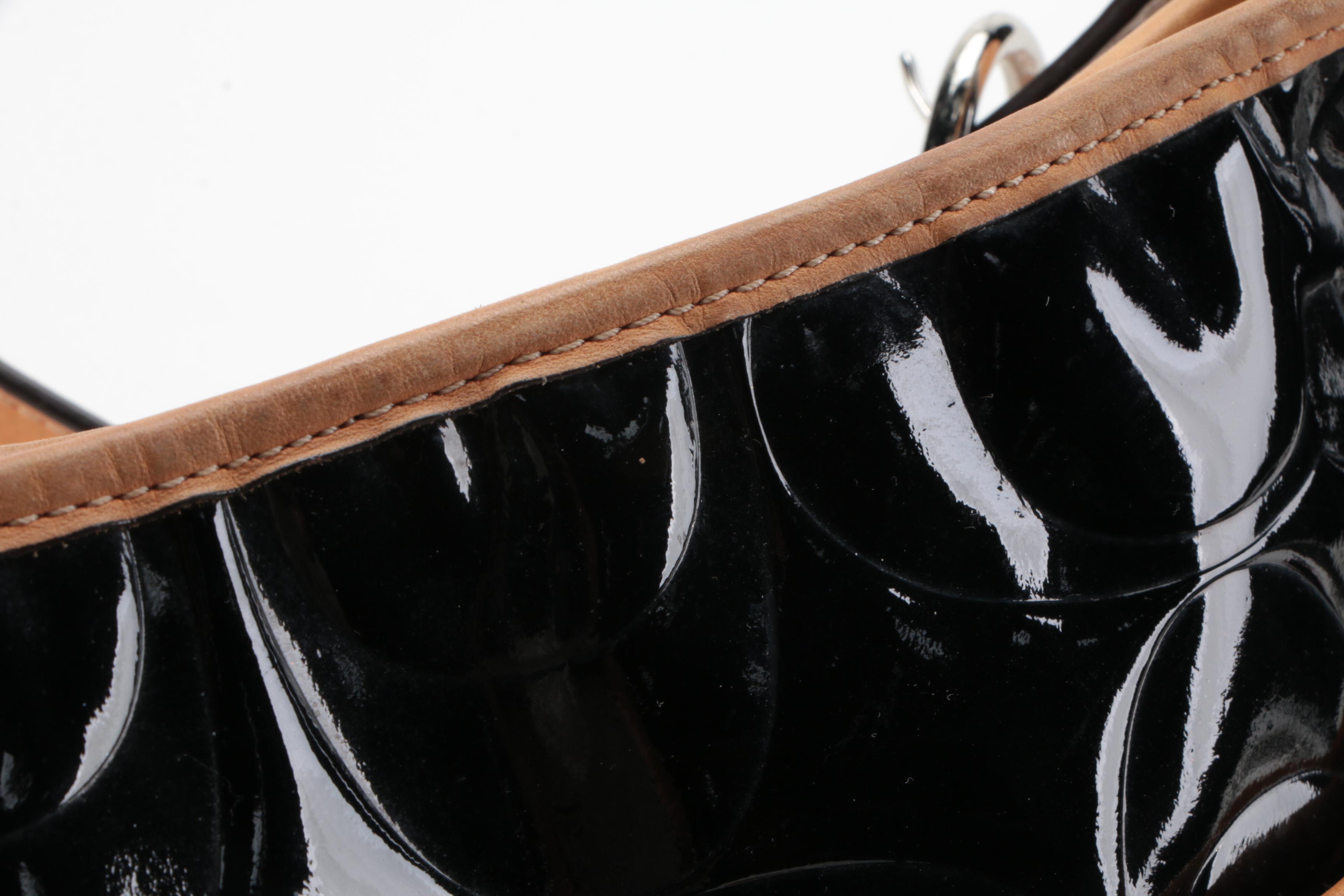 Coach Peyton Embossed Black Patent Leather Hobo Bag with Tan Leather Trim