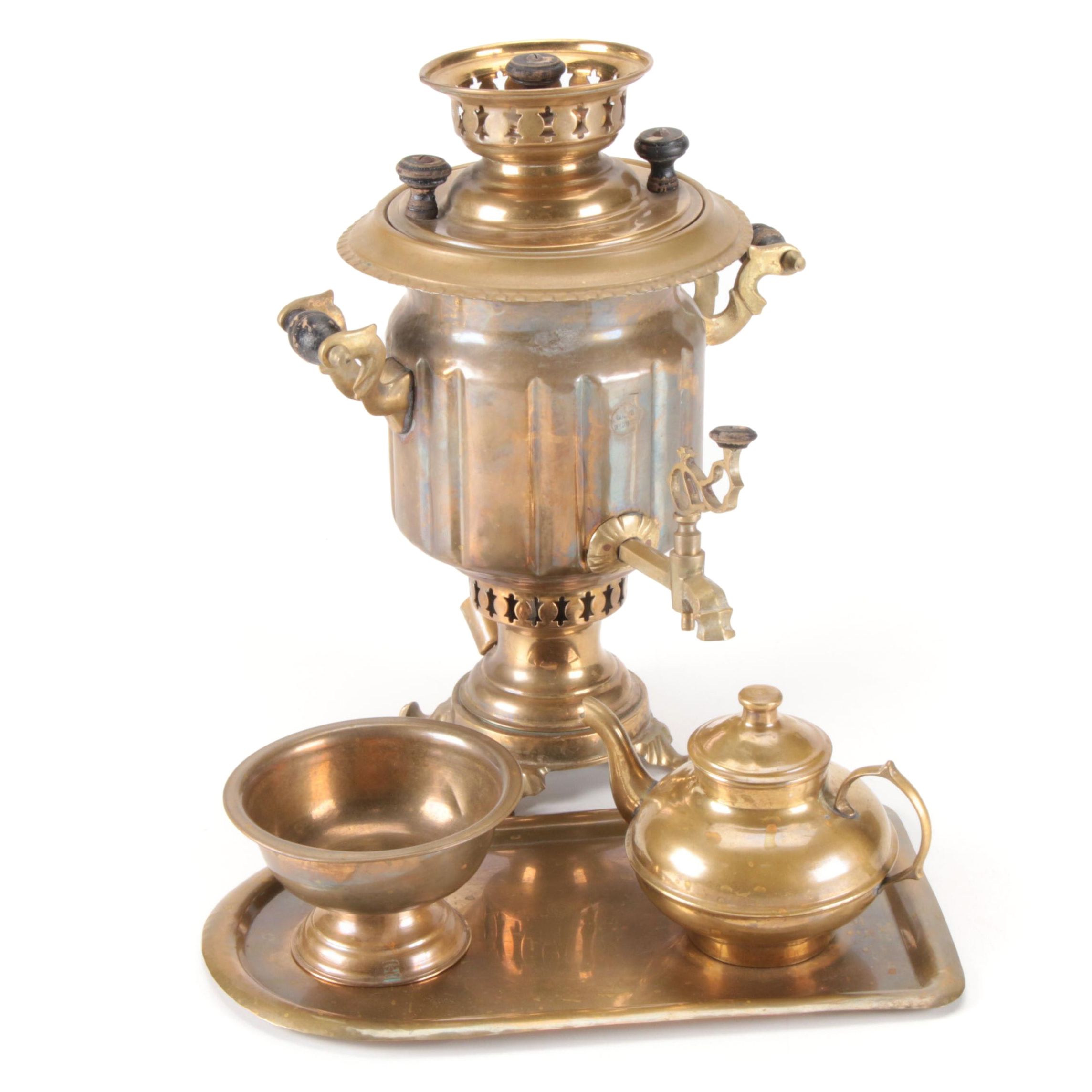 Garanti Semaverleri Turkish Brass Samovar with Drip Tray, Bowl, and Teapot