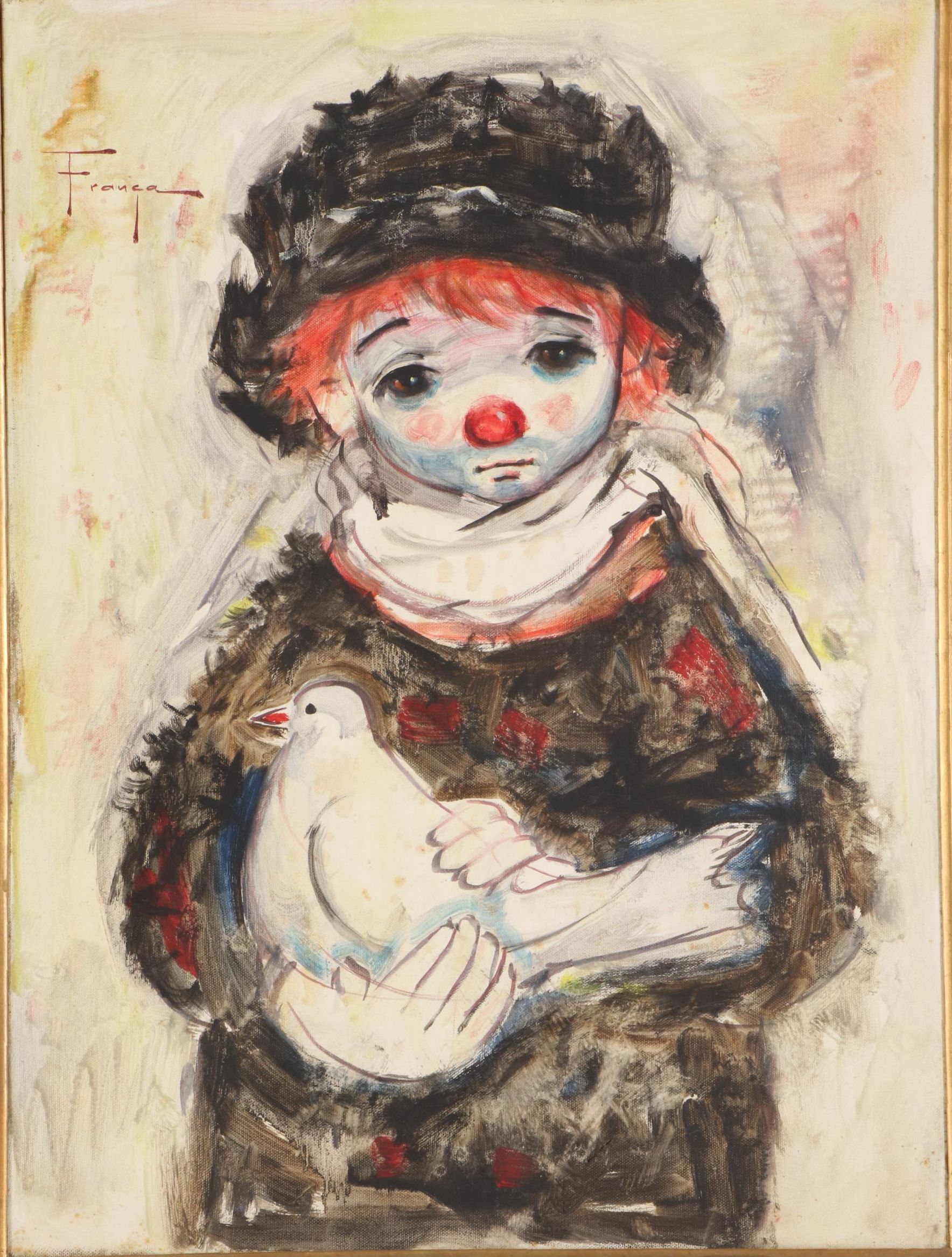Ozz França Oil Painting of Clown Holding Dove, Mid to Late 20th Century