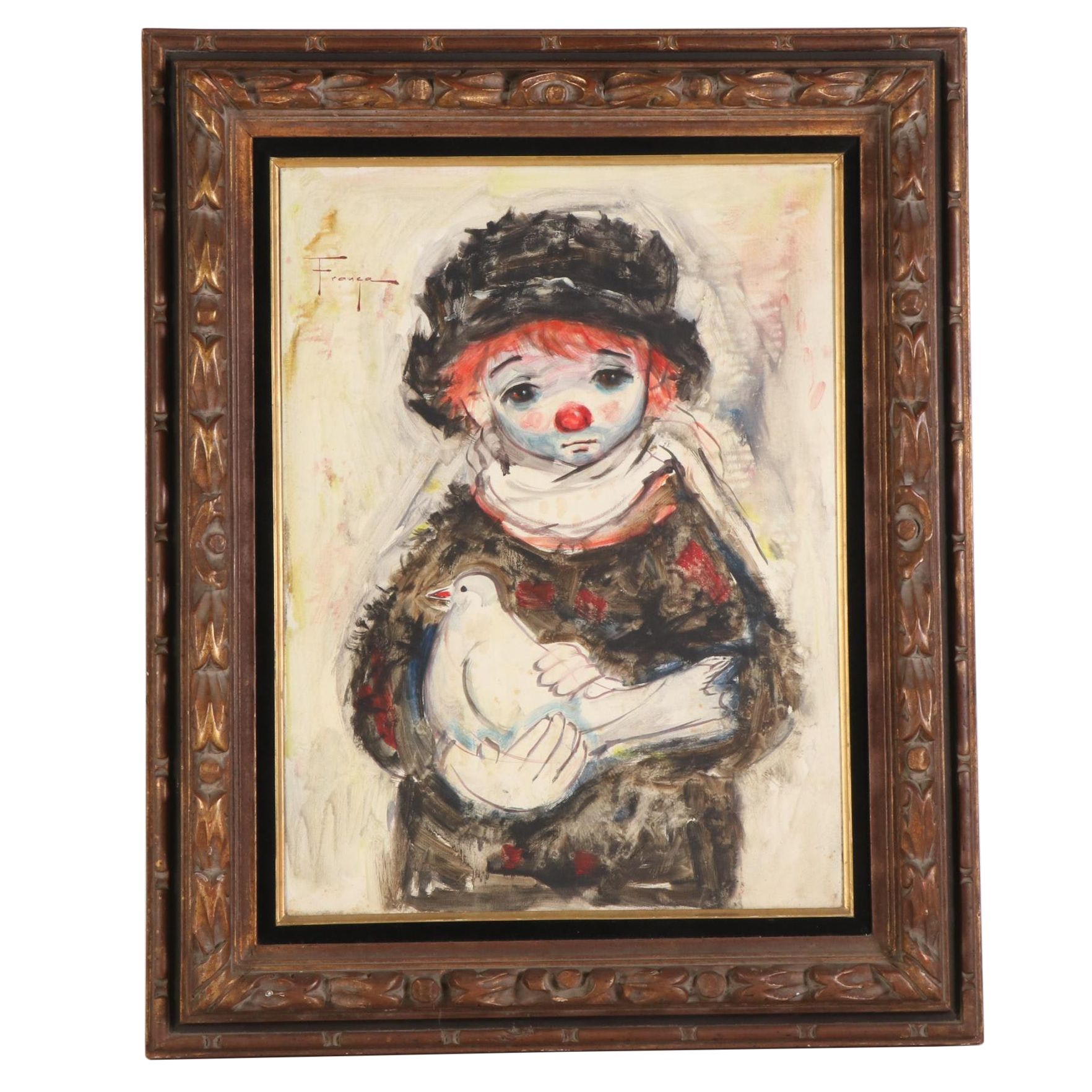 Ozz França Oil Painting of Clown Holding Dove, Mid to Late 20th Century