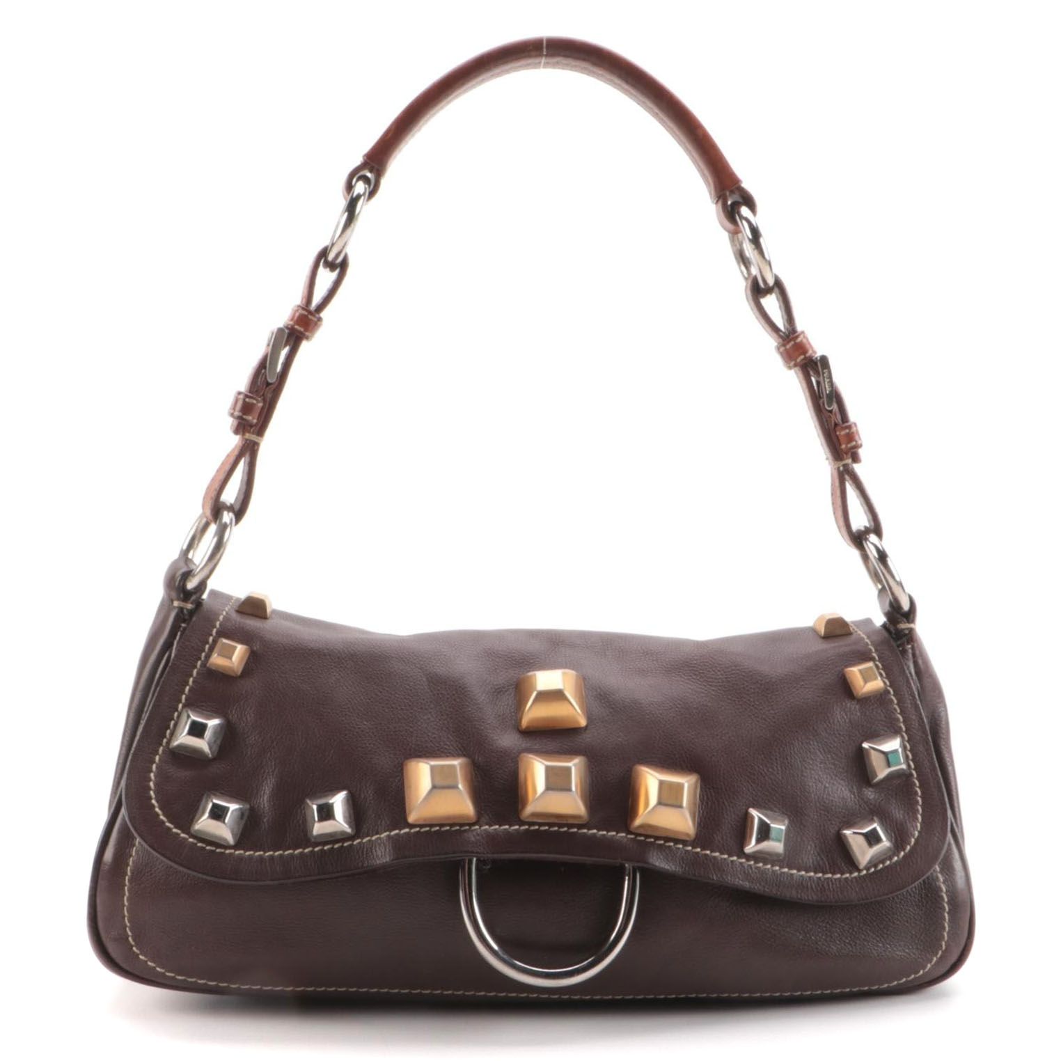 Prada Studded D-Ring Shoulder Bag in Brown Leather