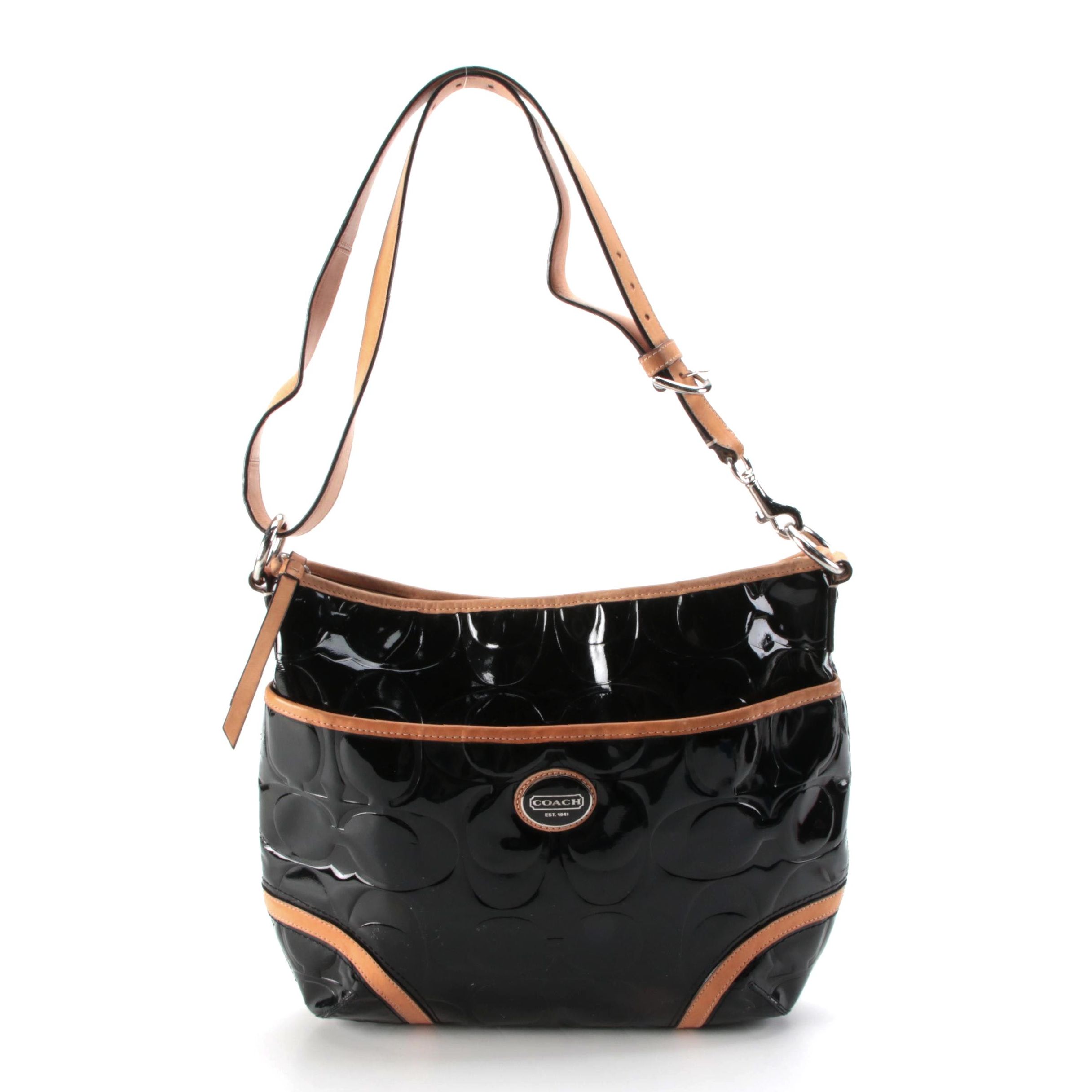 Coach Peyton Embossed Black Patent Leather Hobo Bag with Tan Leather Trim