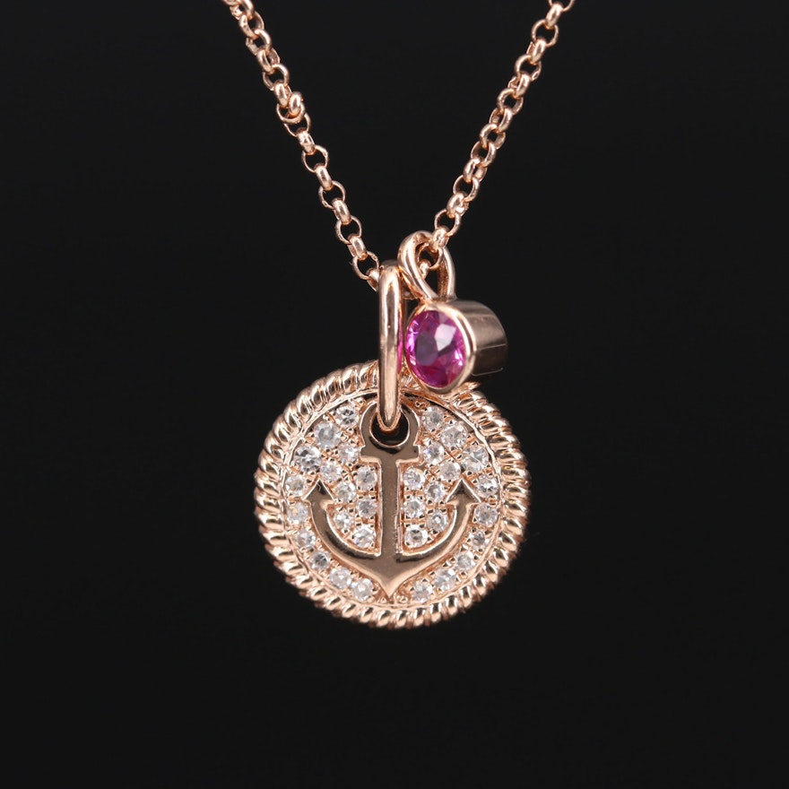 EFFY 14K Rose Gold Diamond and Ruby Anchor Necklace