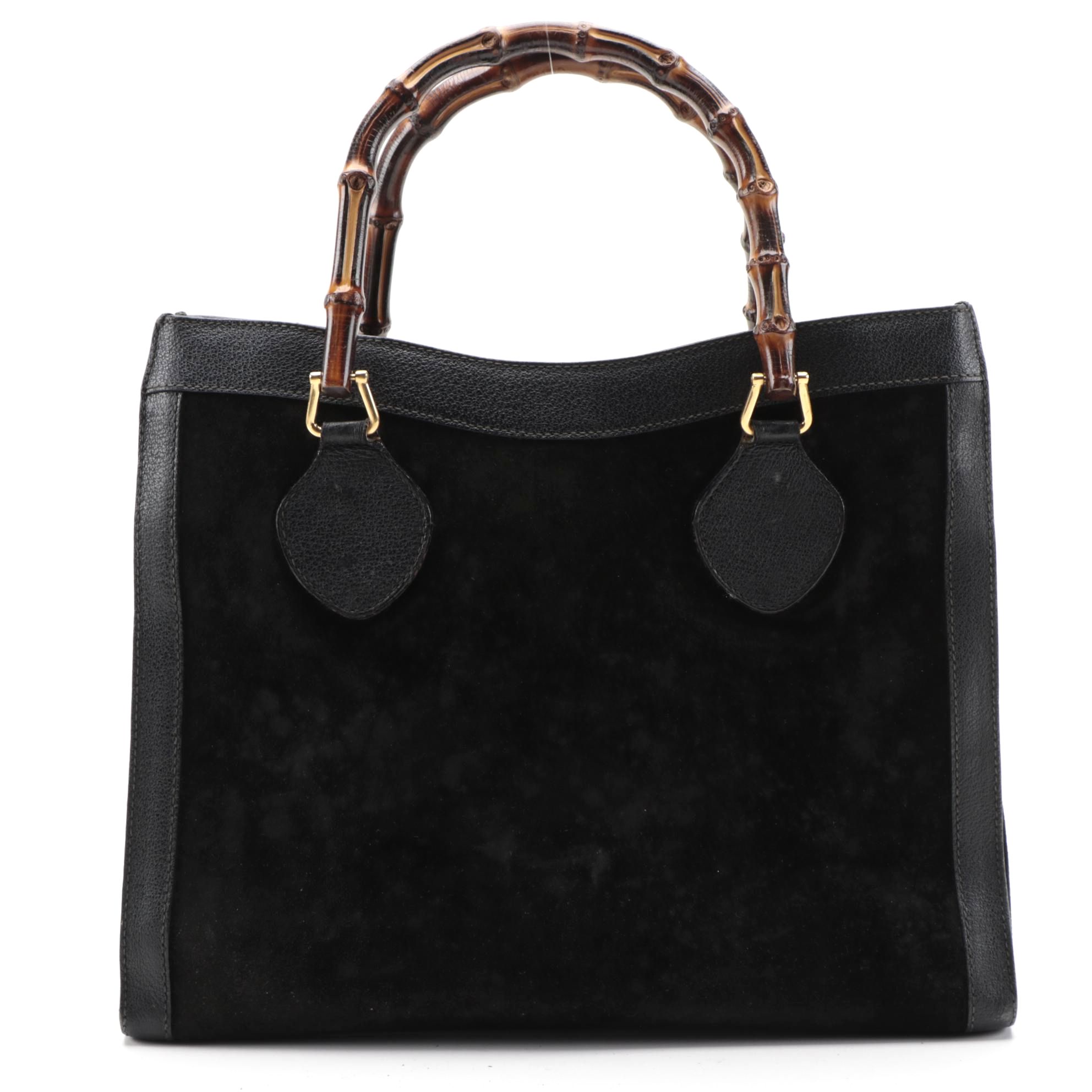 Gucci Bamboo Diana Tote Bag in Black Suede and Leather