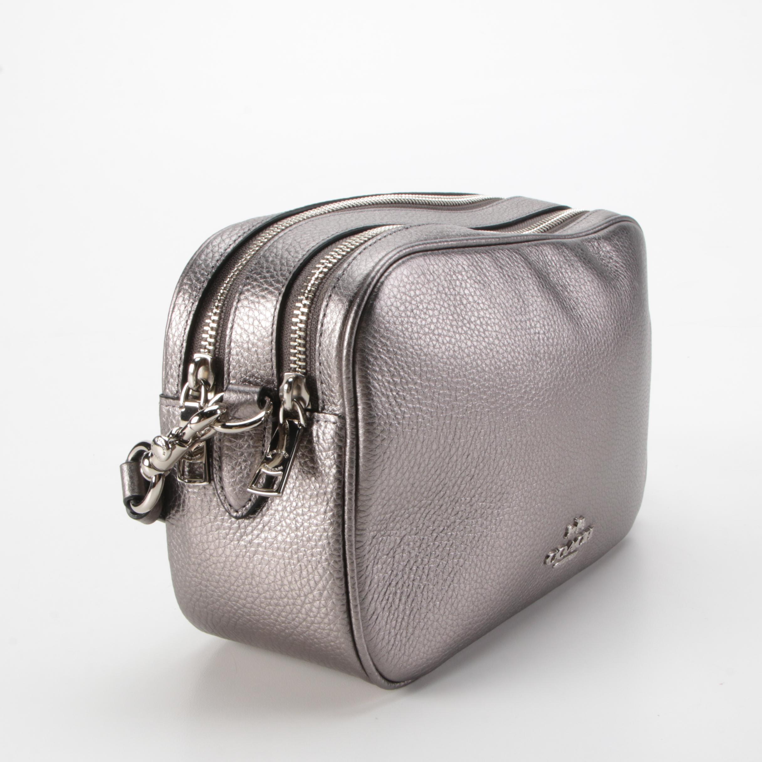 Coach Jes Double Zip Crossbody Bag in Metallic Silver Pebbled Leather