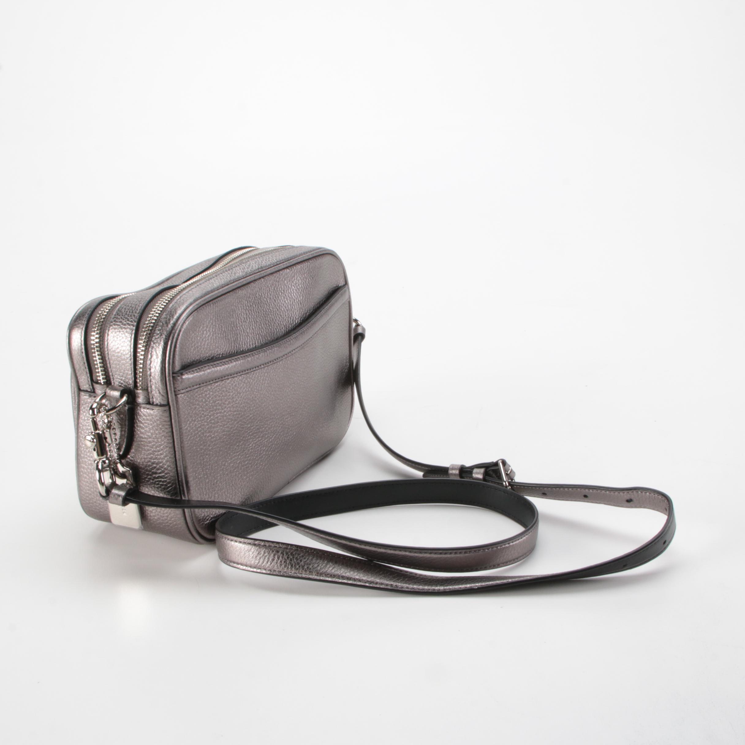 Coach Jes Double Zip Crossbody Bag in Metallic Silver Pebbled Leather
