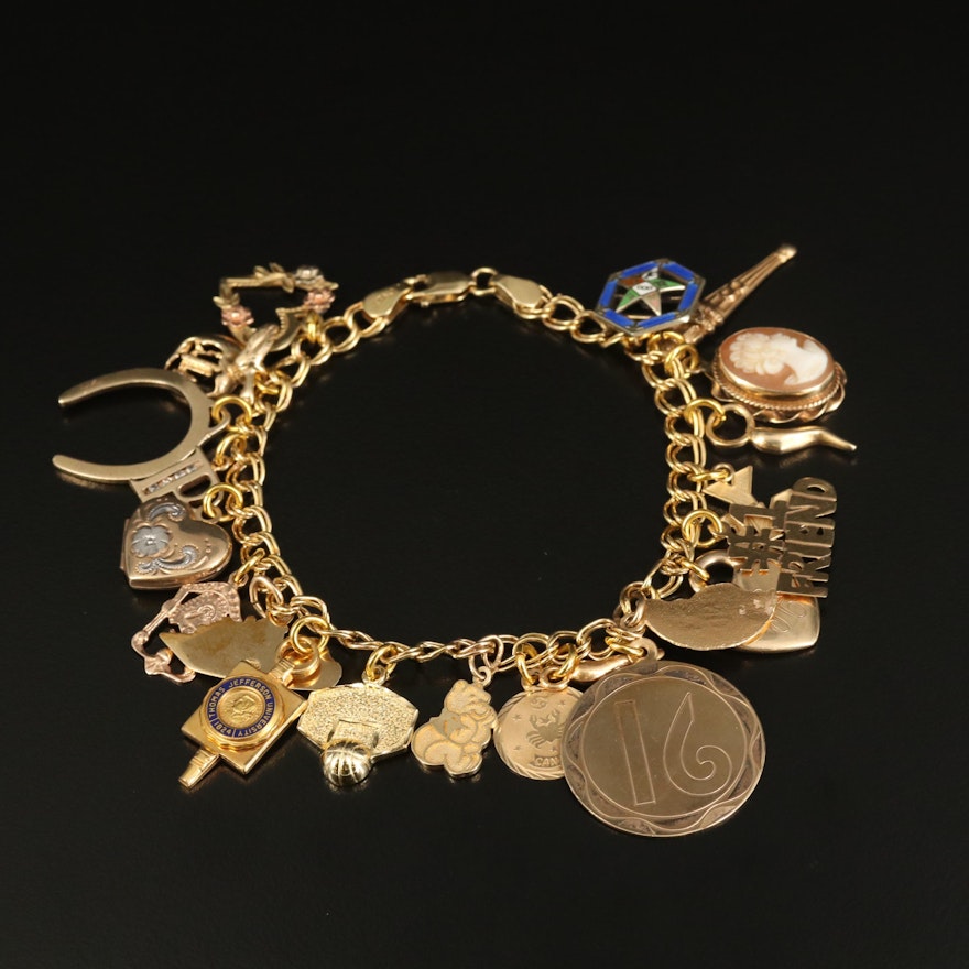 14K Charm Bracelet with Heart, Shell Cameo and Order of the Eastern Star Charms