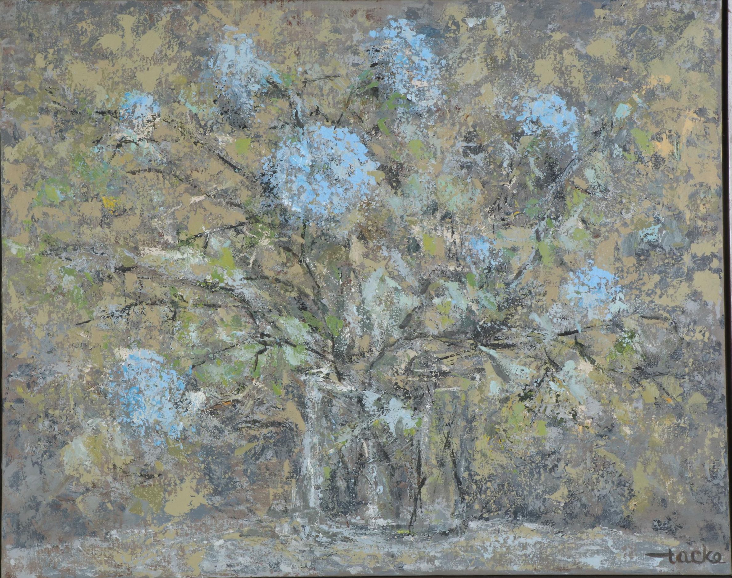 William Tacke Impressionist Style Oil Painting of Still Life With Blue Flowers