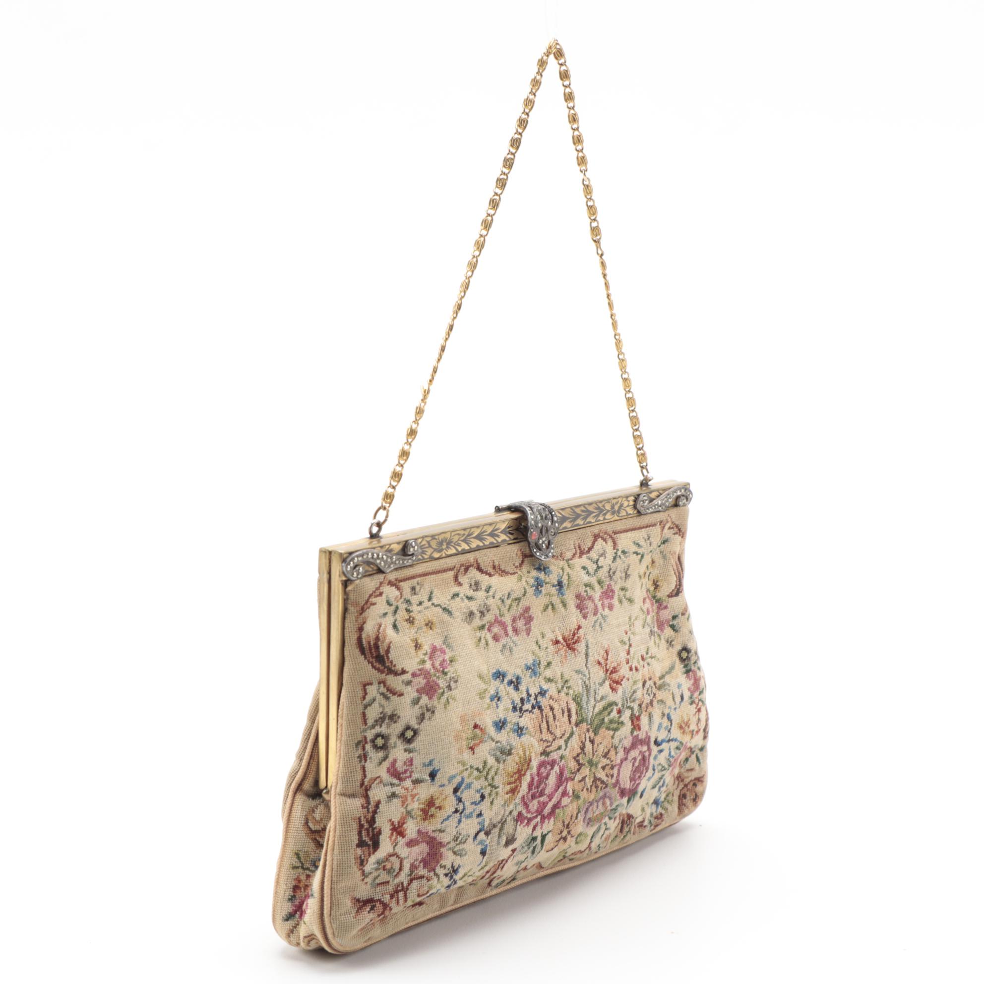 Floral Petit Point Frame Bag with Rhinestone Details