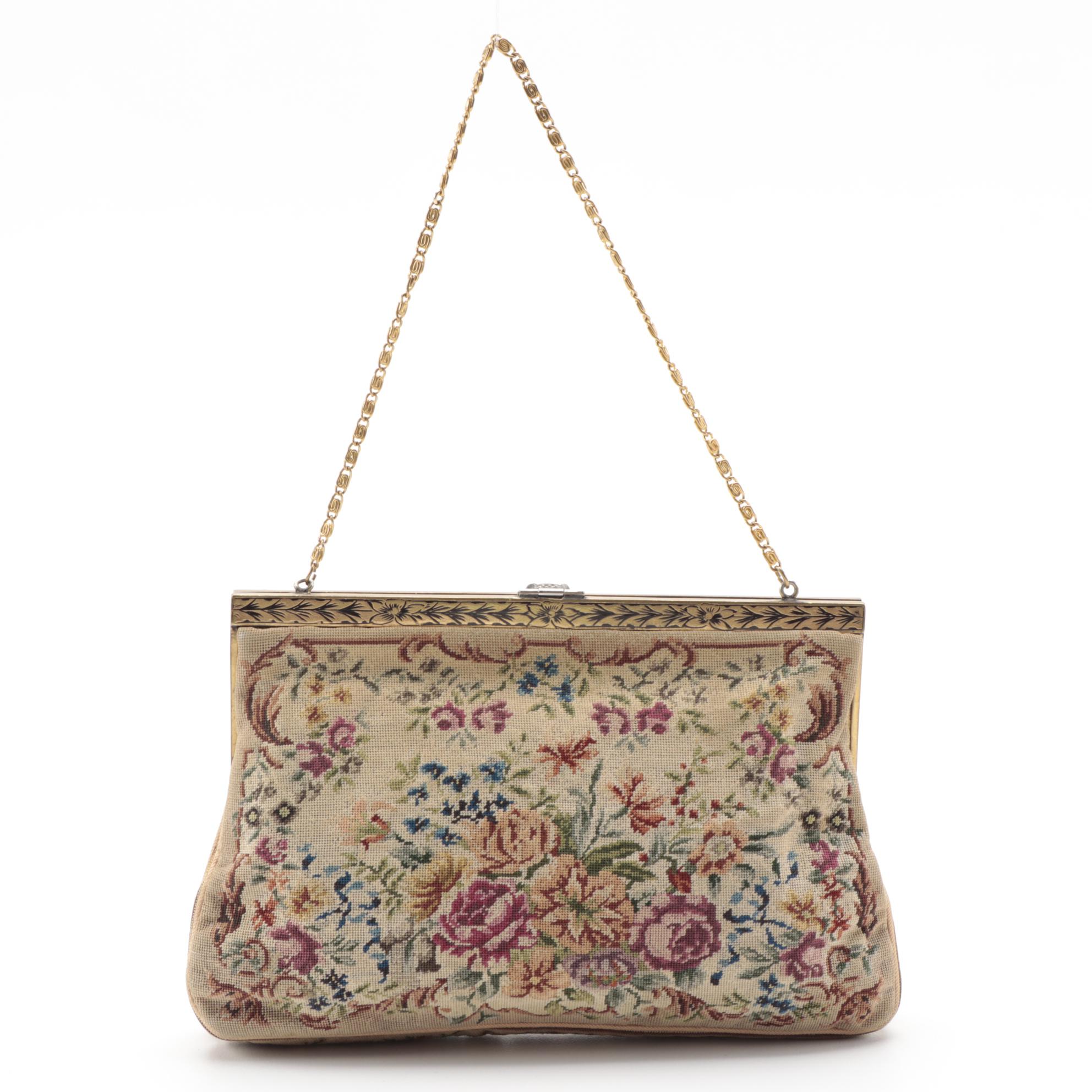 Floral Petit Point Frame Bag with Rhinestone Details