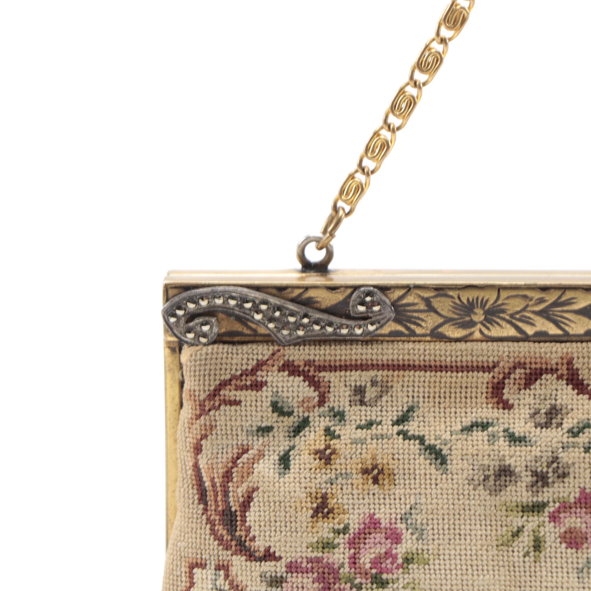 Floral Petit Point Frame Bag with Rhinestone Details