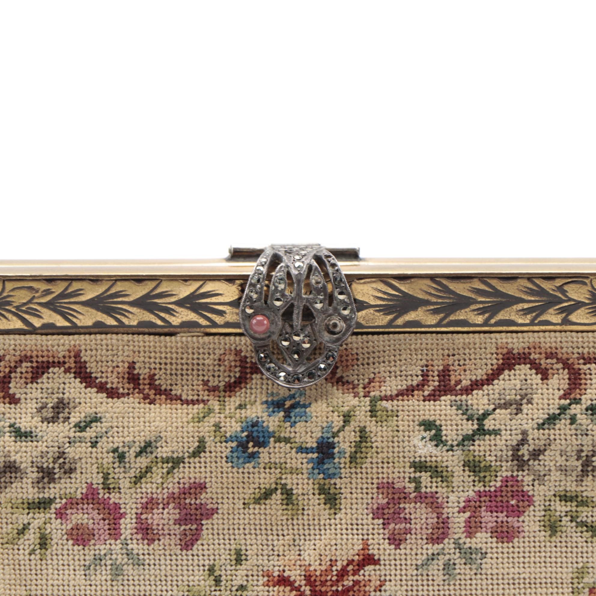 Floral Petit Point Frame Bag with Rhinestone Details