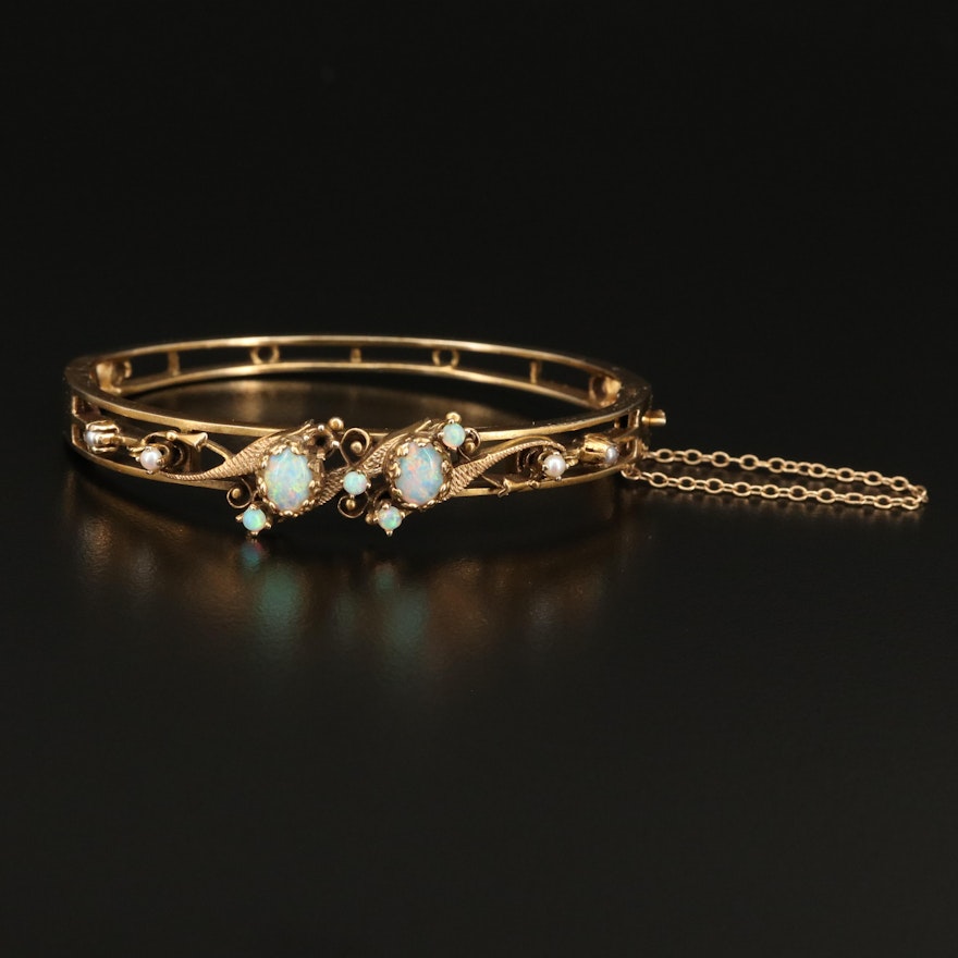 Vintage 14K Opal and Pearl Hinged Bangle