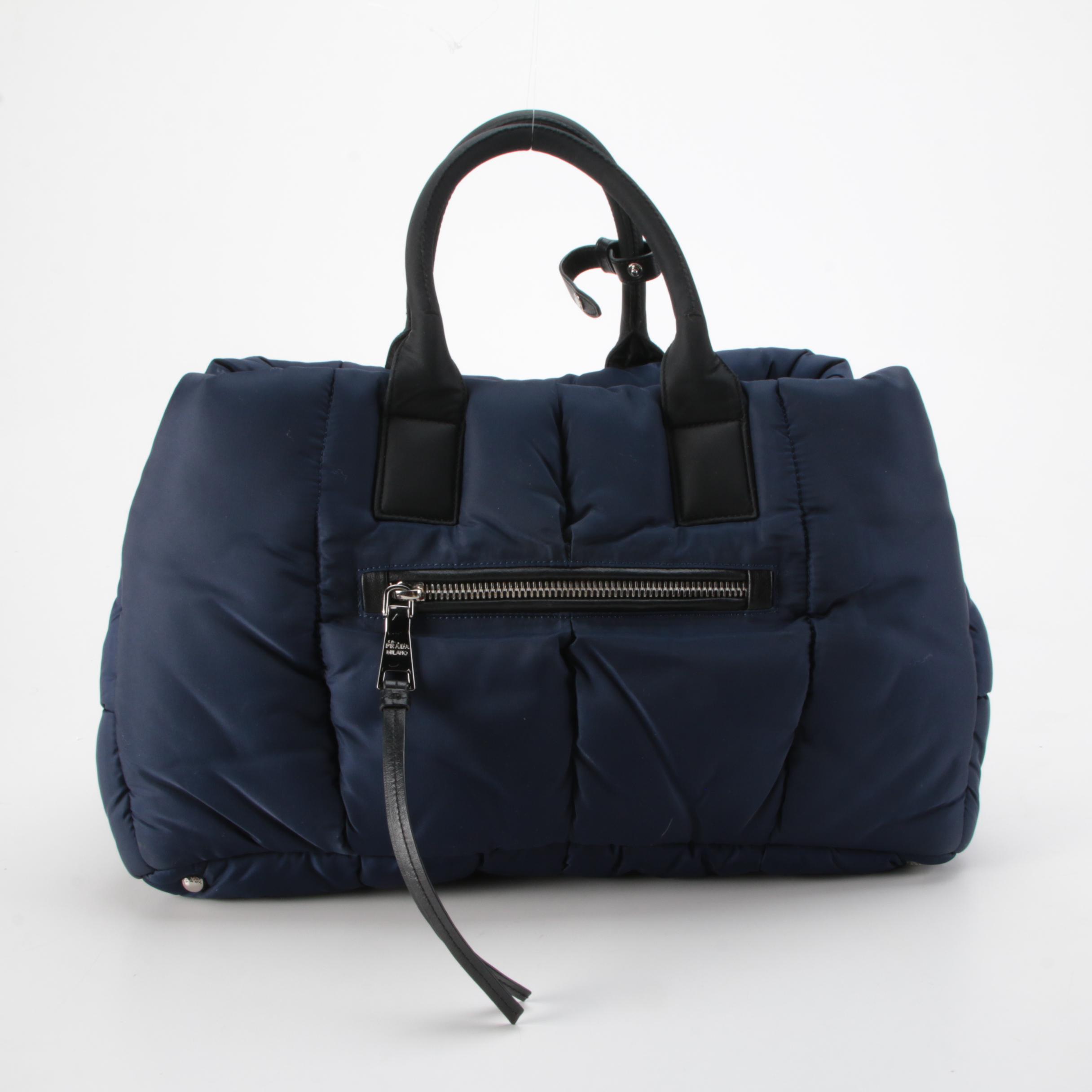 Prada Test Bomber Tote in Navy Blue Quilted Nylon with Leather Trim