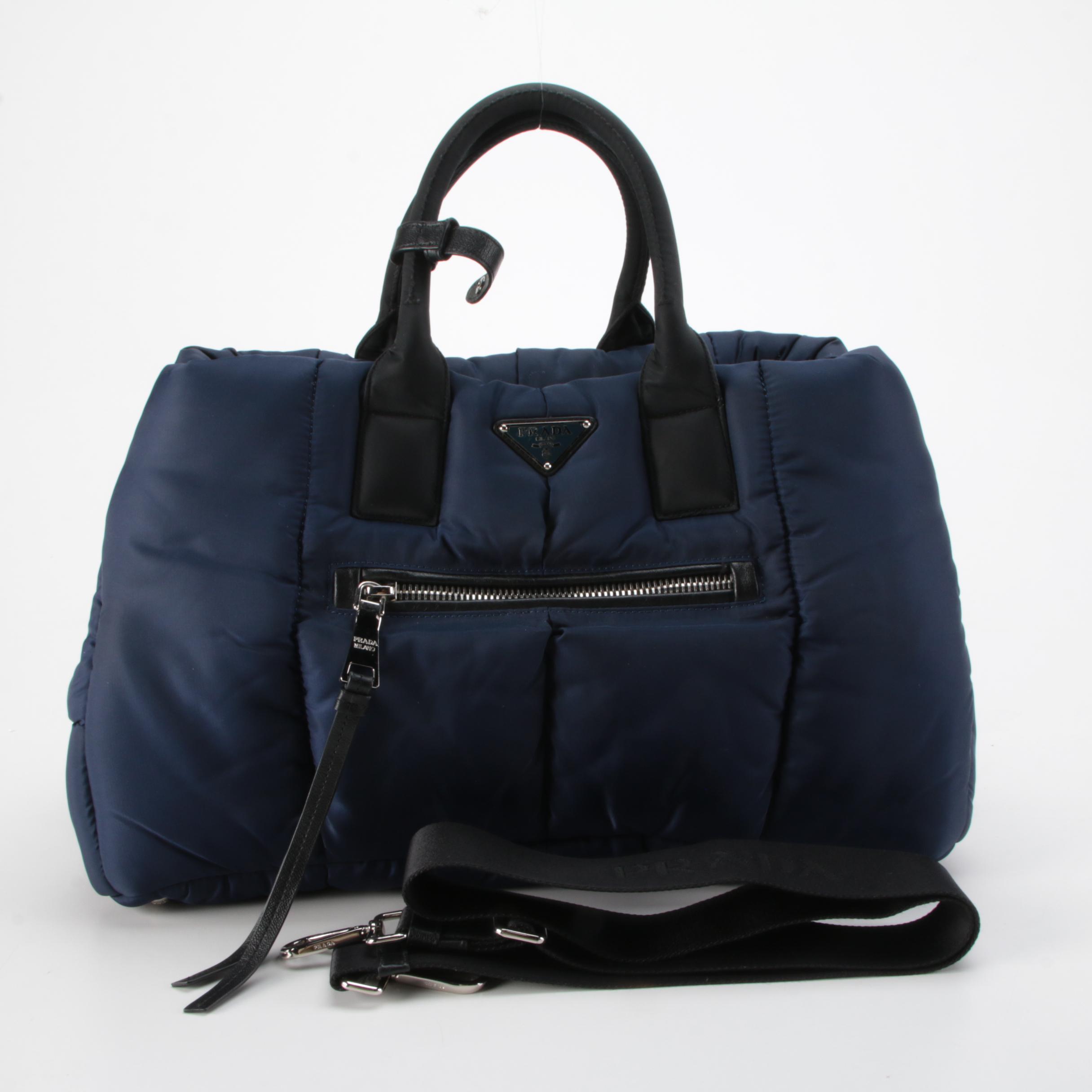 Prada Test Bomber Tote in Navy Blue Quilted Nylon with Leather Trim