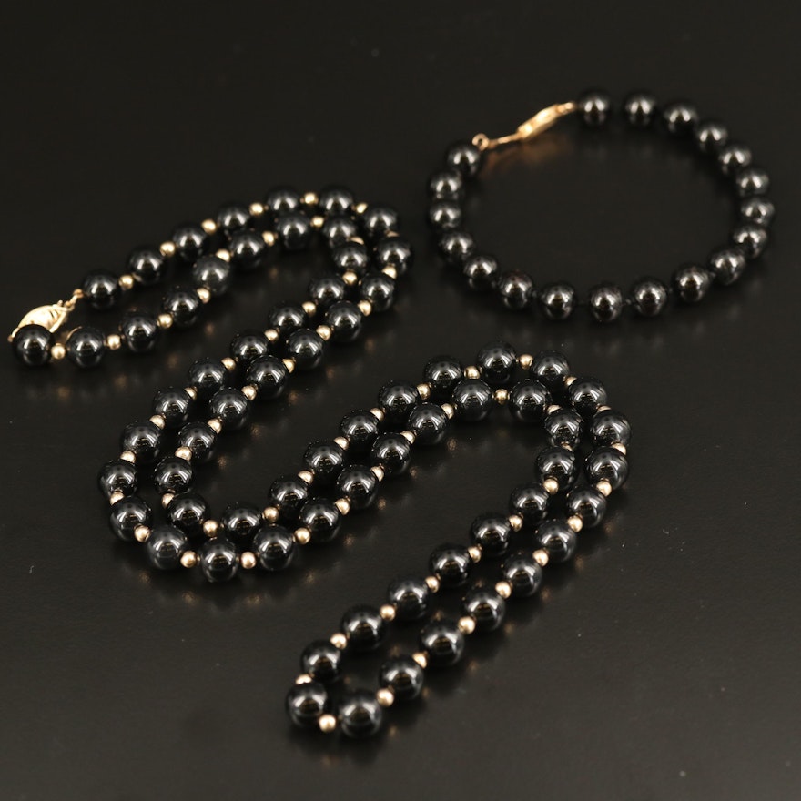 14K Black Onyx Necklace and Black Coral Bracelet