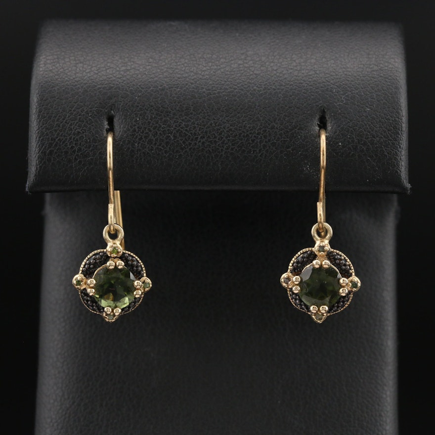 Sterling Moldavite and Diamond Earrings