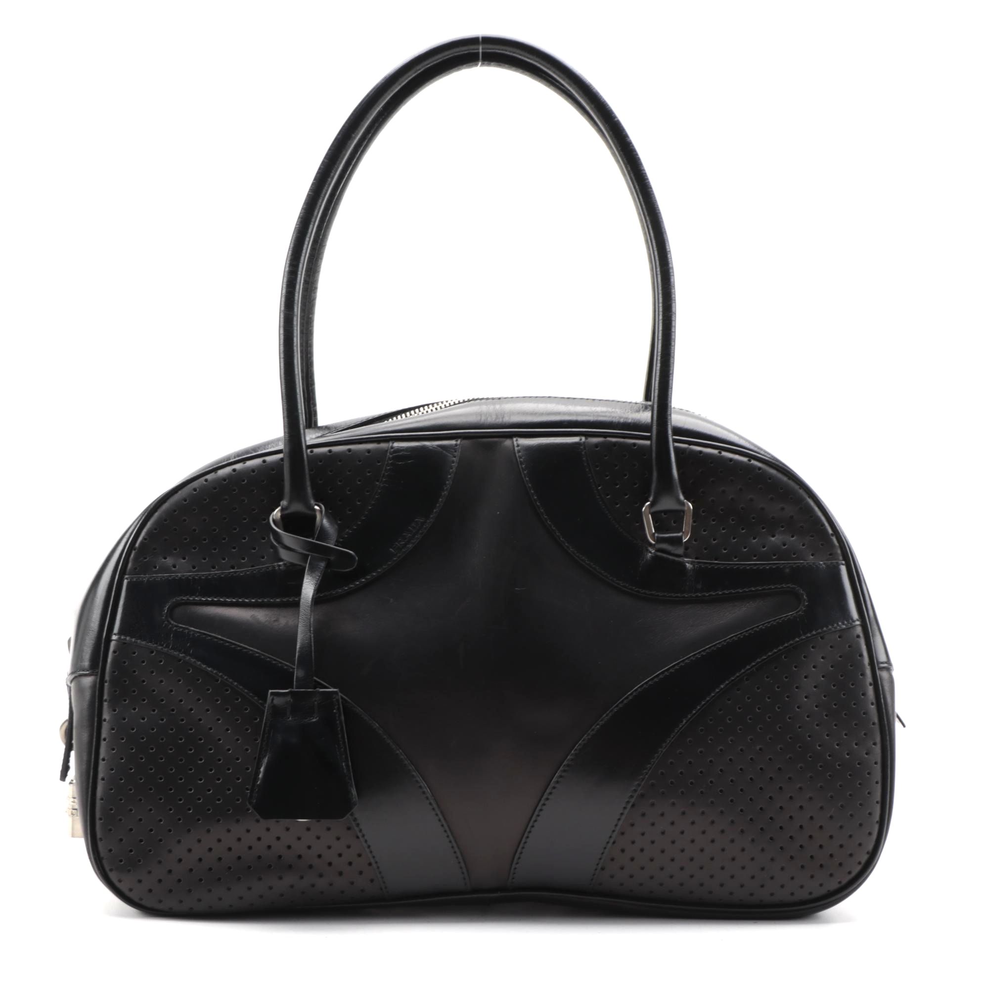 Prada Vitello Drive Perforated Bowler Bag in Black Leather