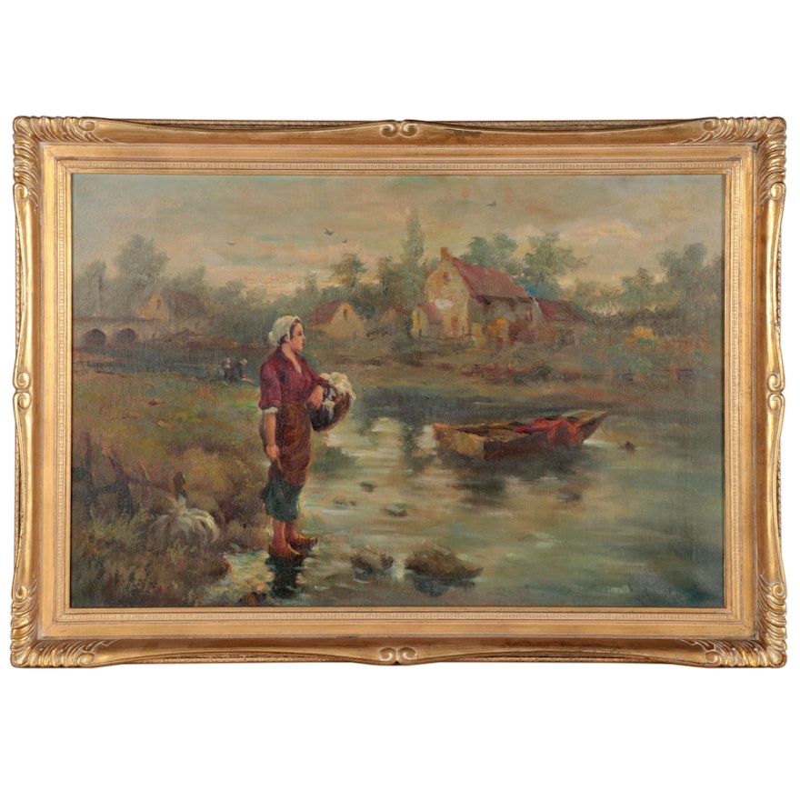 Genre Scene Oil Painting of a Woman in European River Landscape