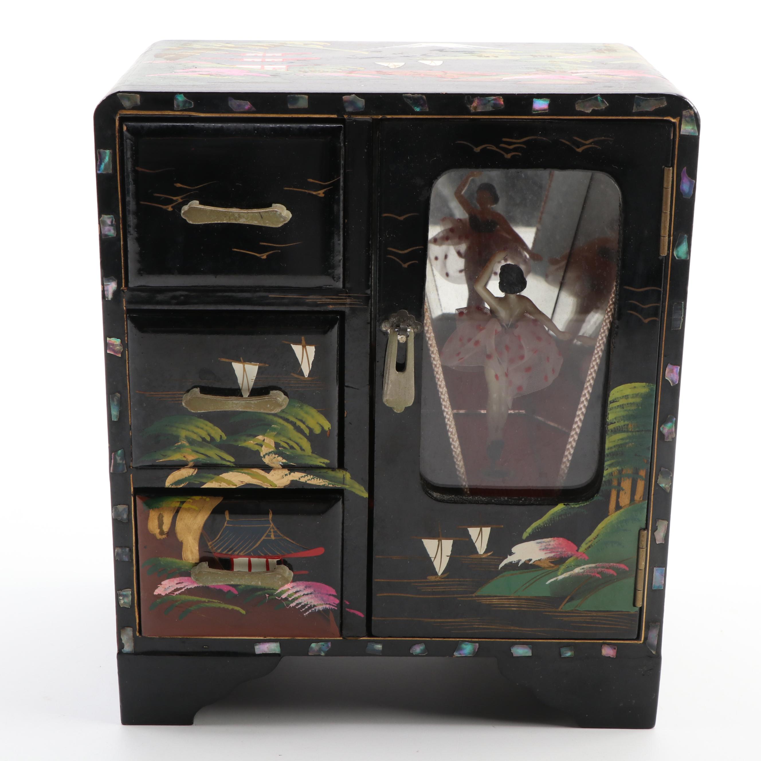Japanese Lacquerware Ballerina Musical Jewelry Box, Mid-20th Century