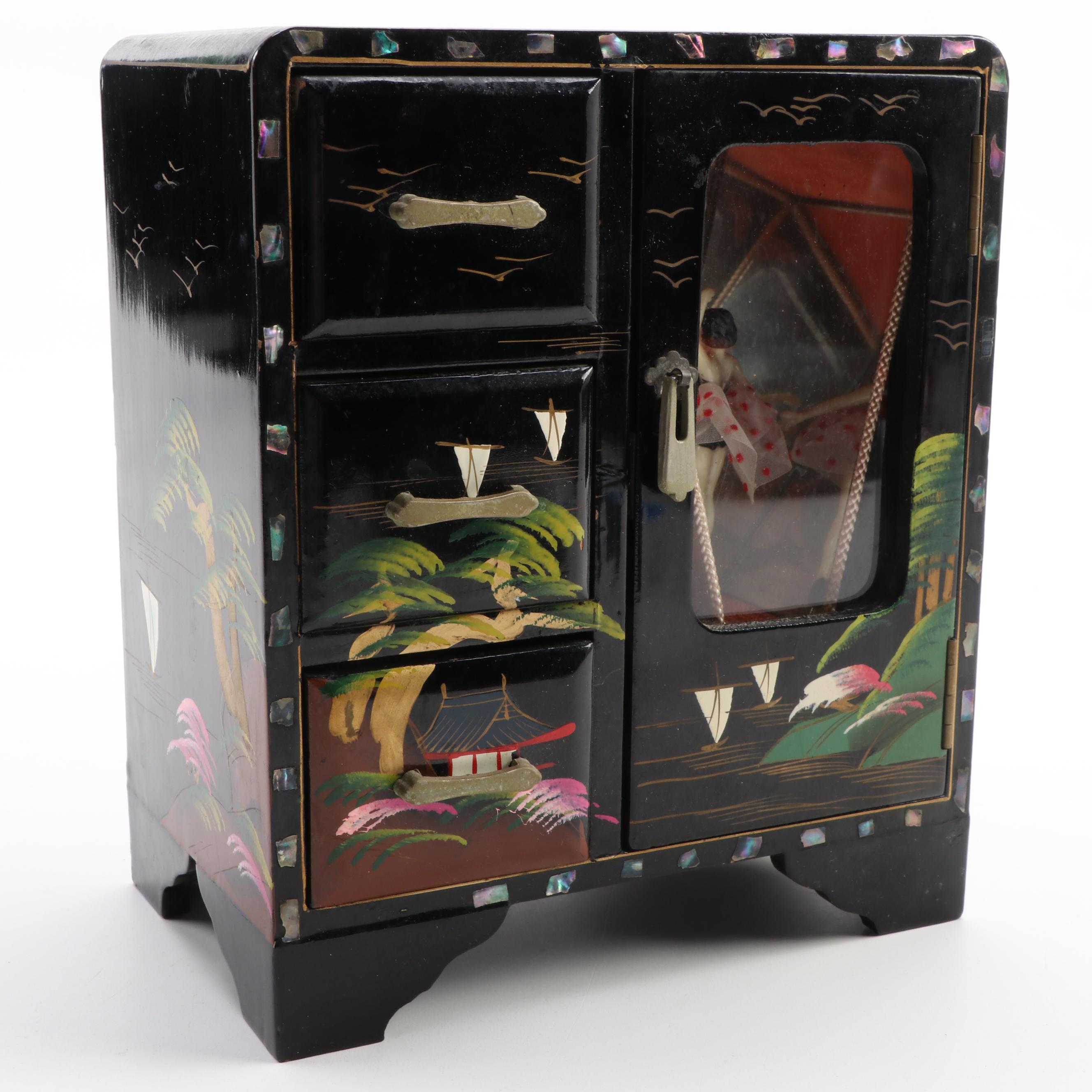 Japanese Lacquerware Ballerina Musical Jewelry Box, Mid-20th Century