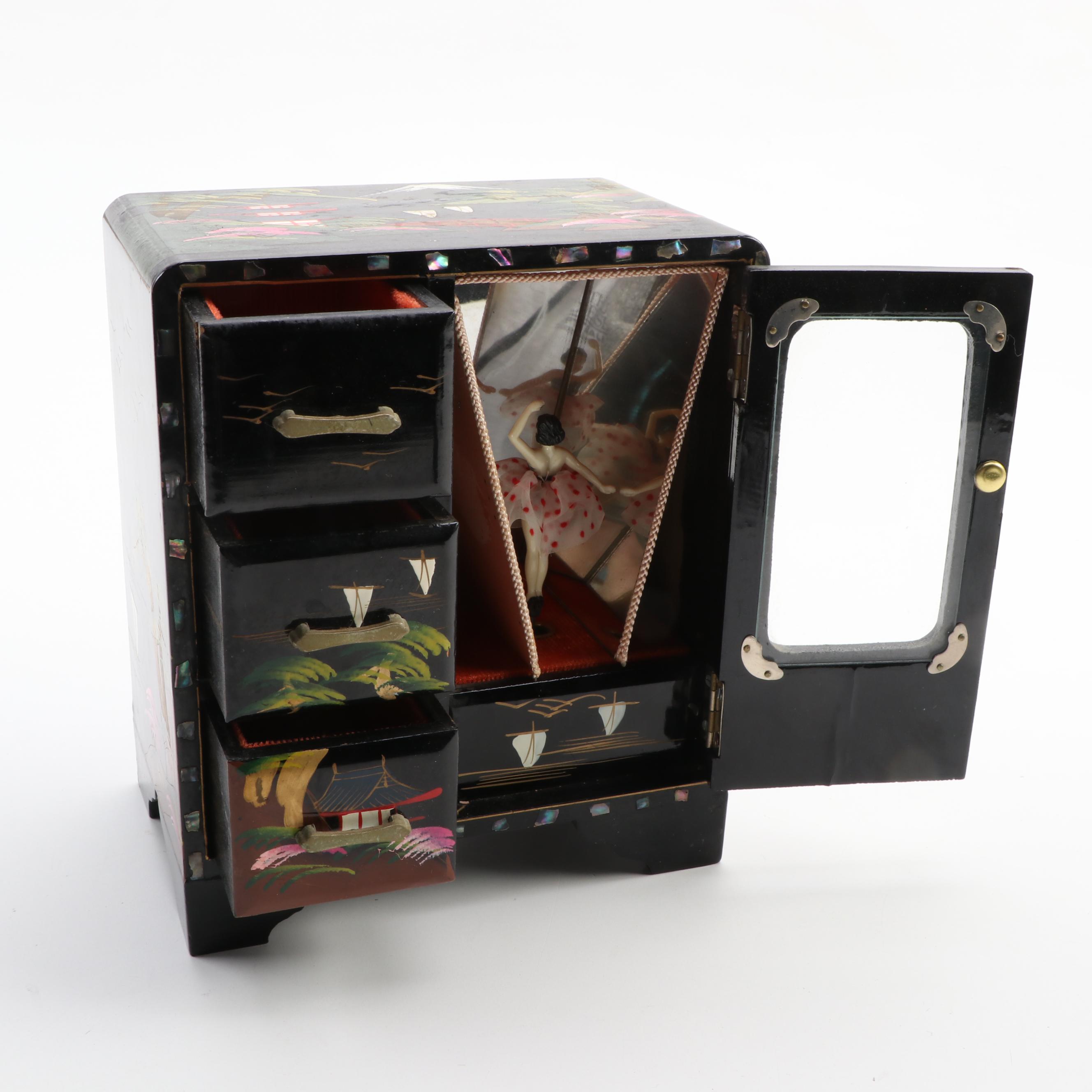 Japanese Lacquerware Ballerina Musical Jewelry Box, Mid-20th Century