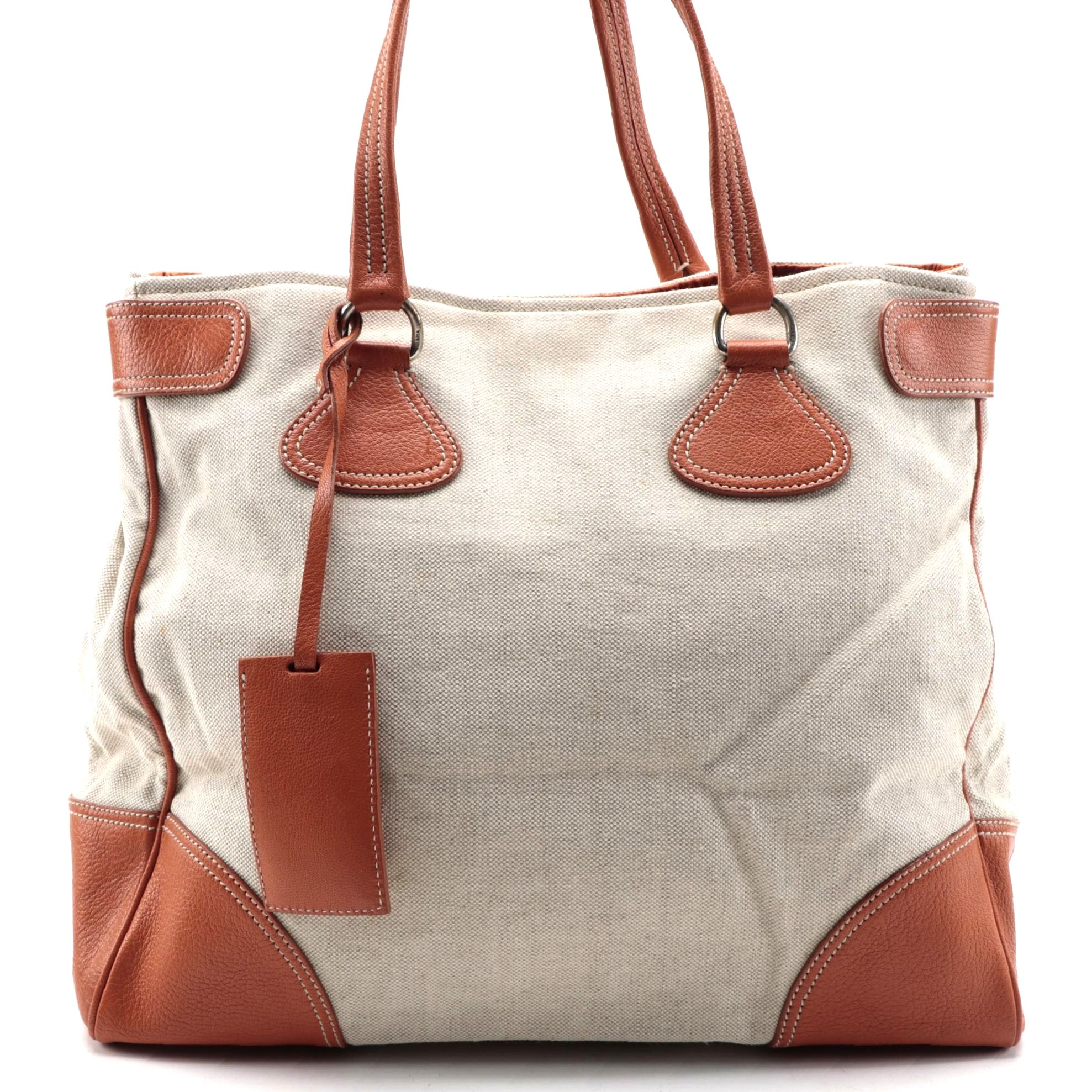 Prada Canvas Tote with Orange Grained Leather Trim