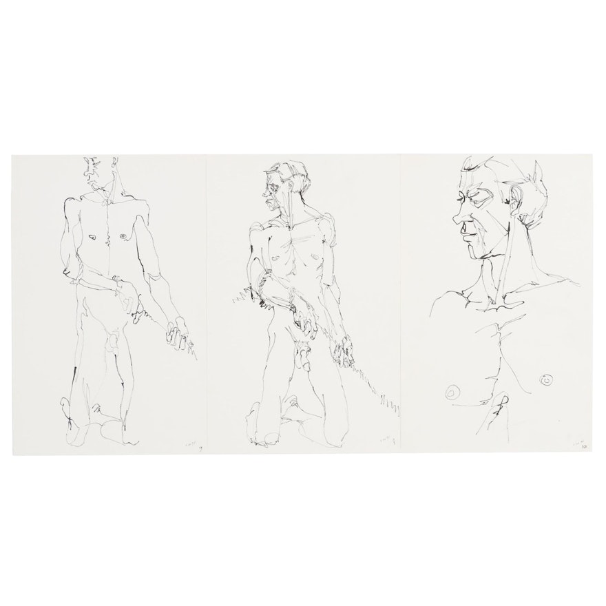 John Tuska Ink Drawings of Male Nudes, Late 20th Century