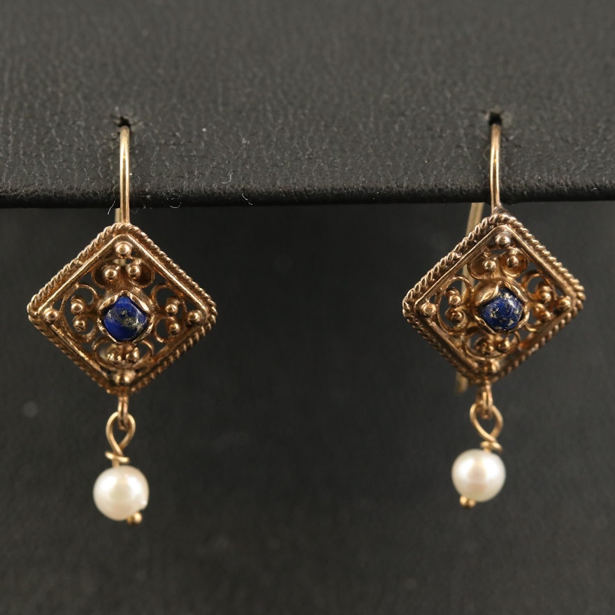 14K Lapis Lazuli and Pearl Dangle Earrings