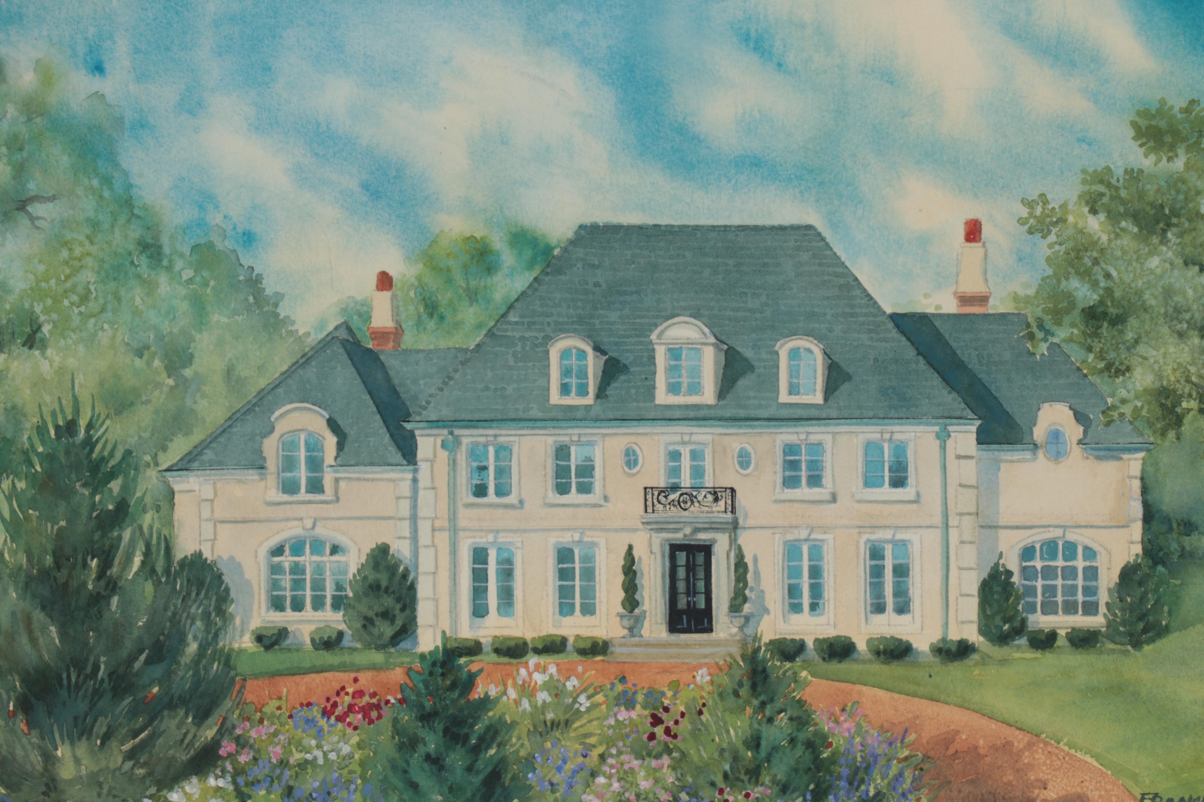 Frances E. Vail Watercolor Painting of French Provincial Style House