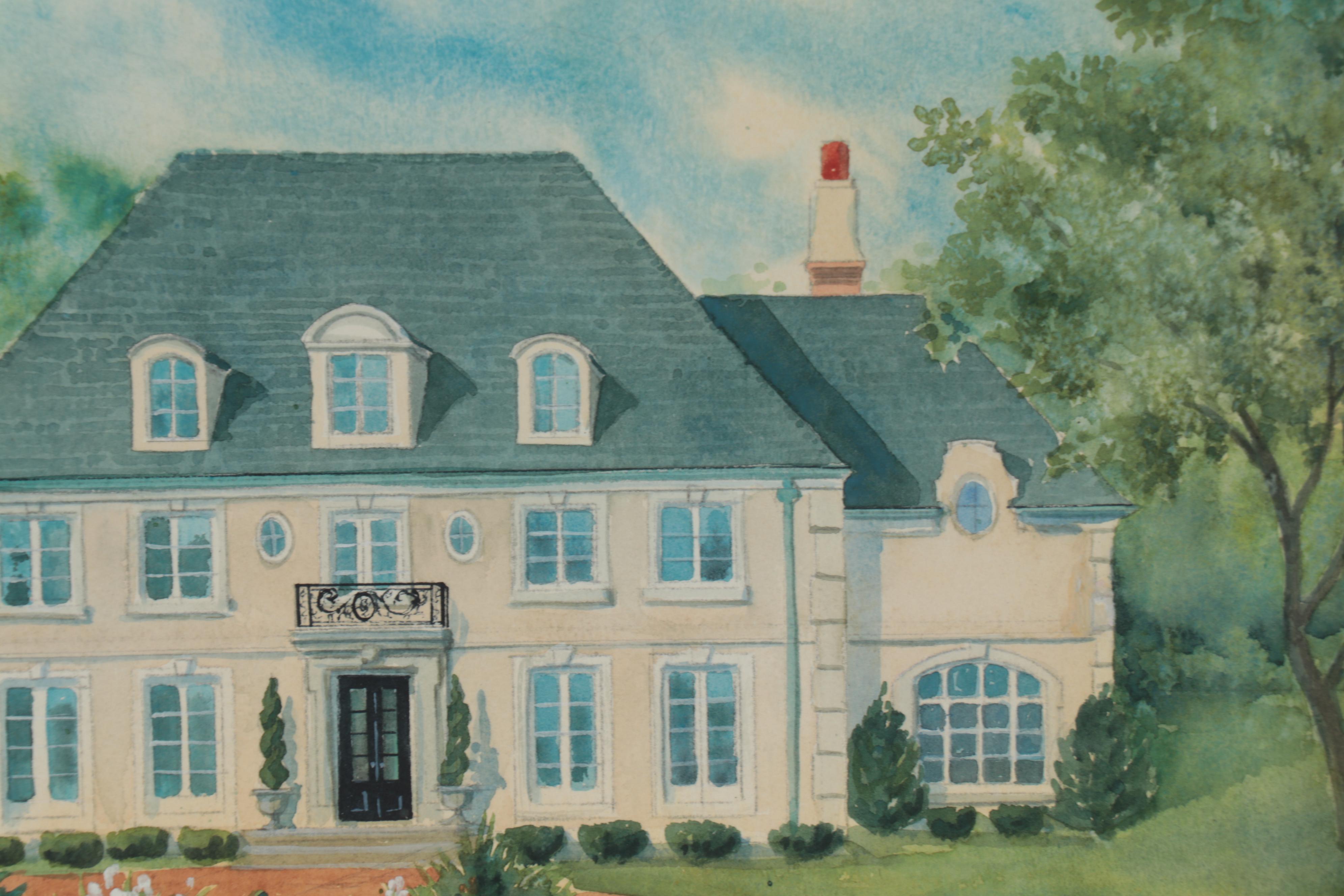 Frances E. Vail Watercolor Painting of French Provincial Style House