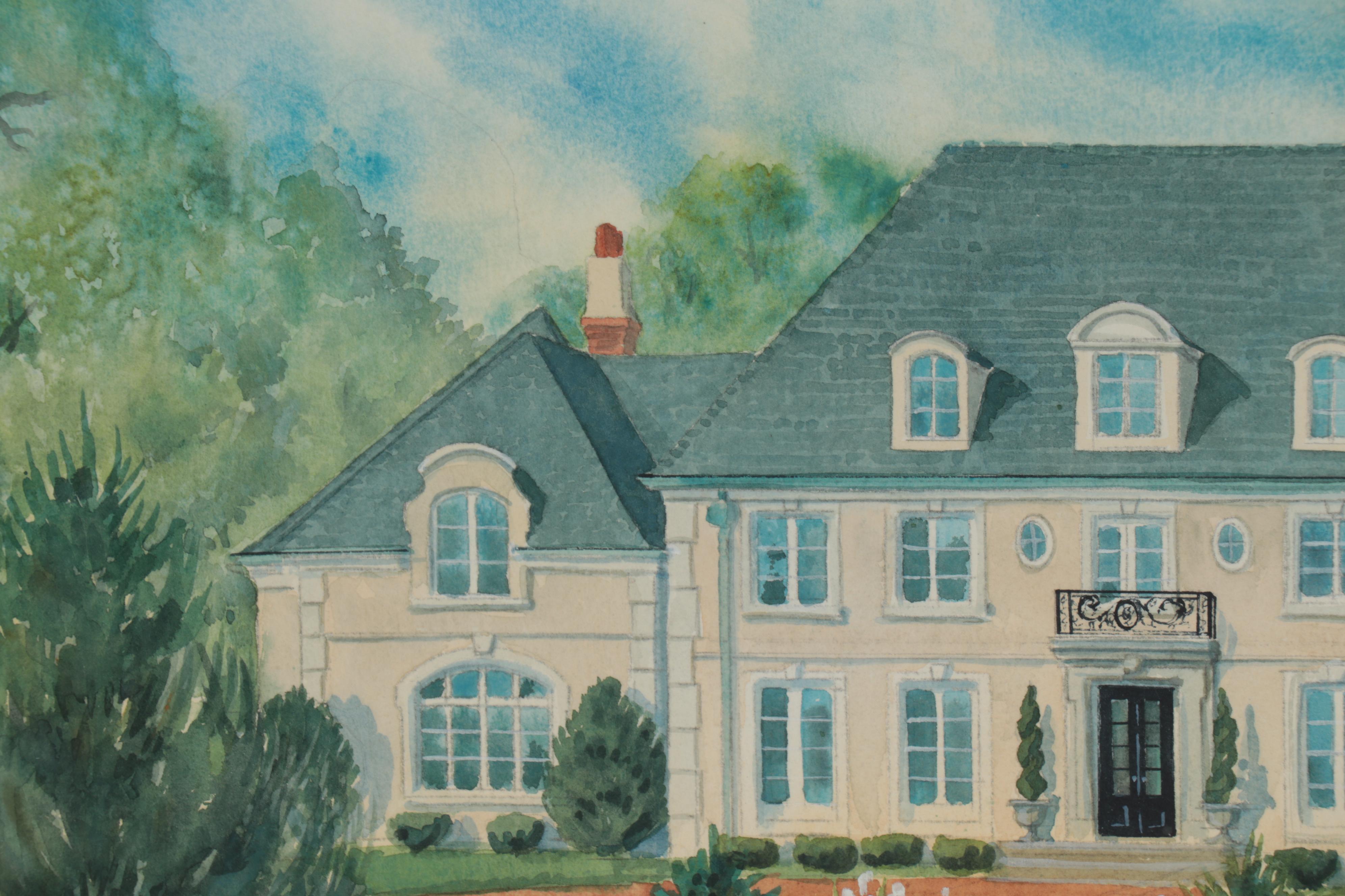 Frances E. Vail Watercolor Painting of French Provincial Style House