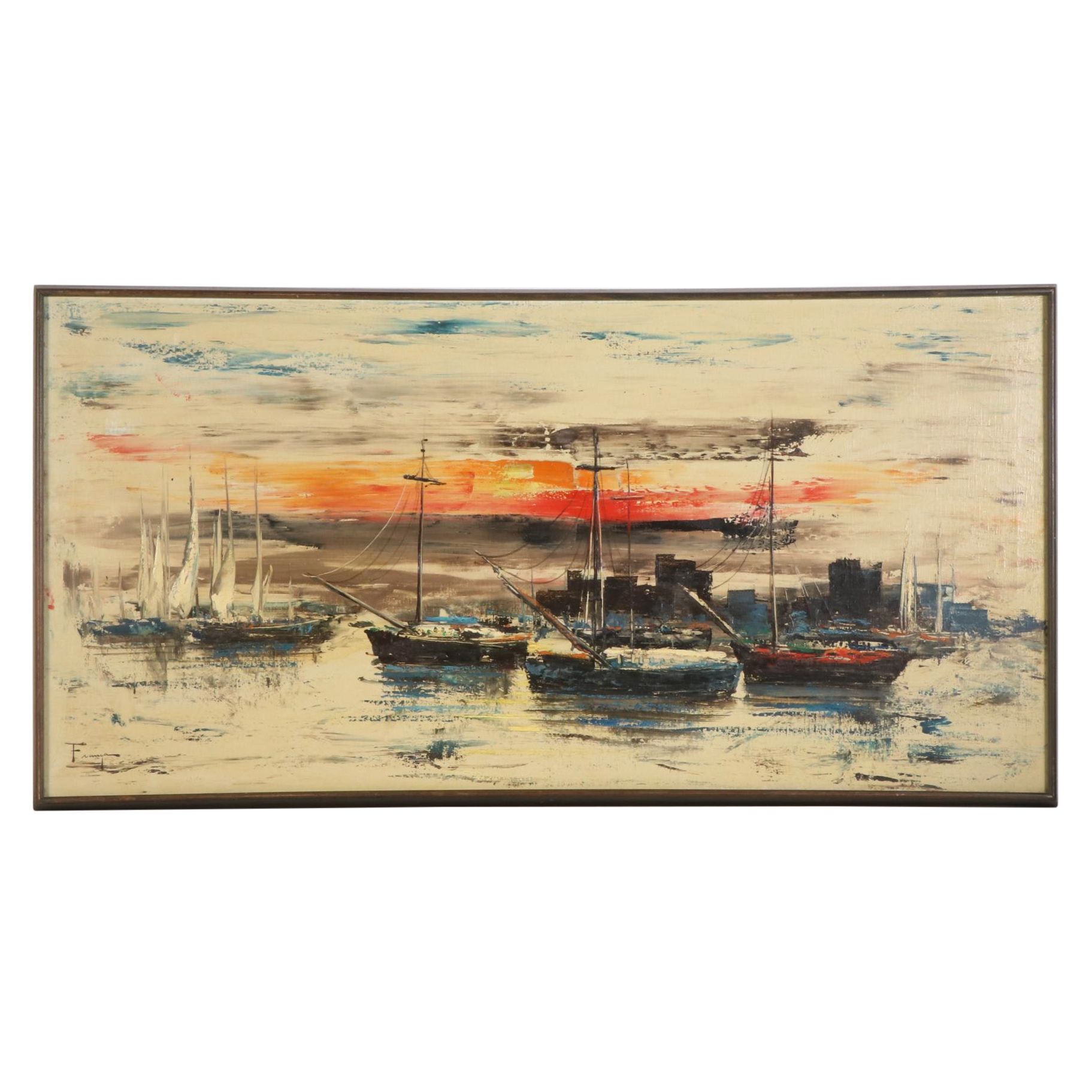 Ozz França Impasto Oil Painting "Harbor," Mid-20th Century