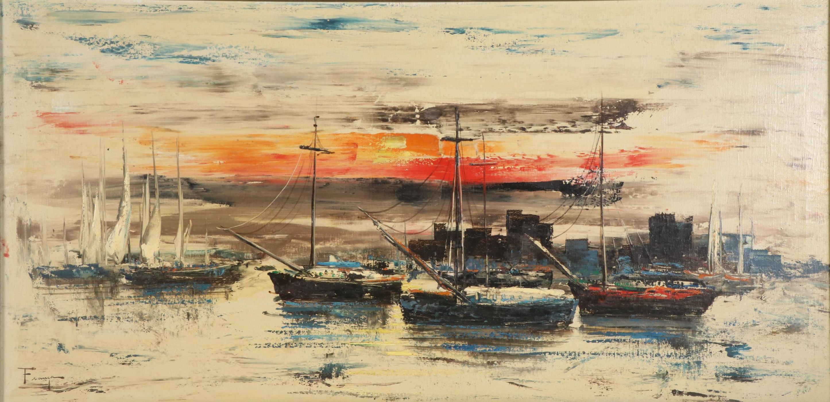 Ozz França Impasto Oil Painting "Harbor," Mid-20th Century