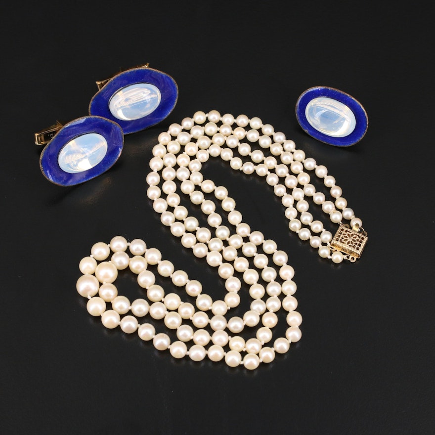 Graduated Pearl Necklace with Opalized Glass and Enamel Cufflink and Tie Pin Set